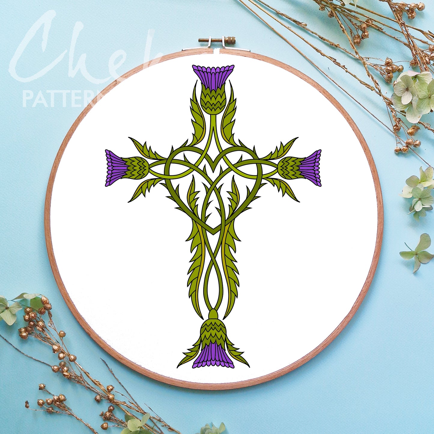 Christian Hand Embroidery Pattern, Irish Thistle Cross. Floral Cross, Christian Theme. Hand Embroidery Pattern PDF