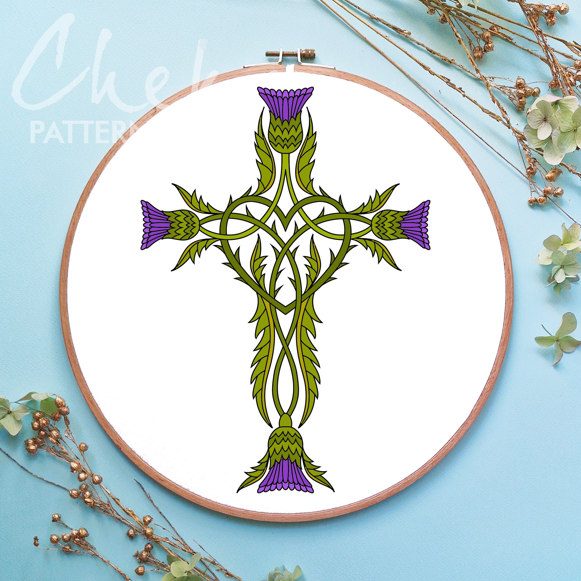 Christian Hand Embroidery Pattern, Irish Thistle Cross. Floral Cross, Christian Theme. Hand Embroidery Pattern PDF