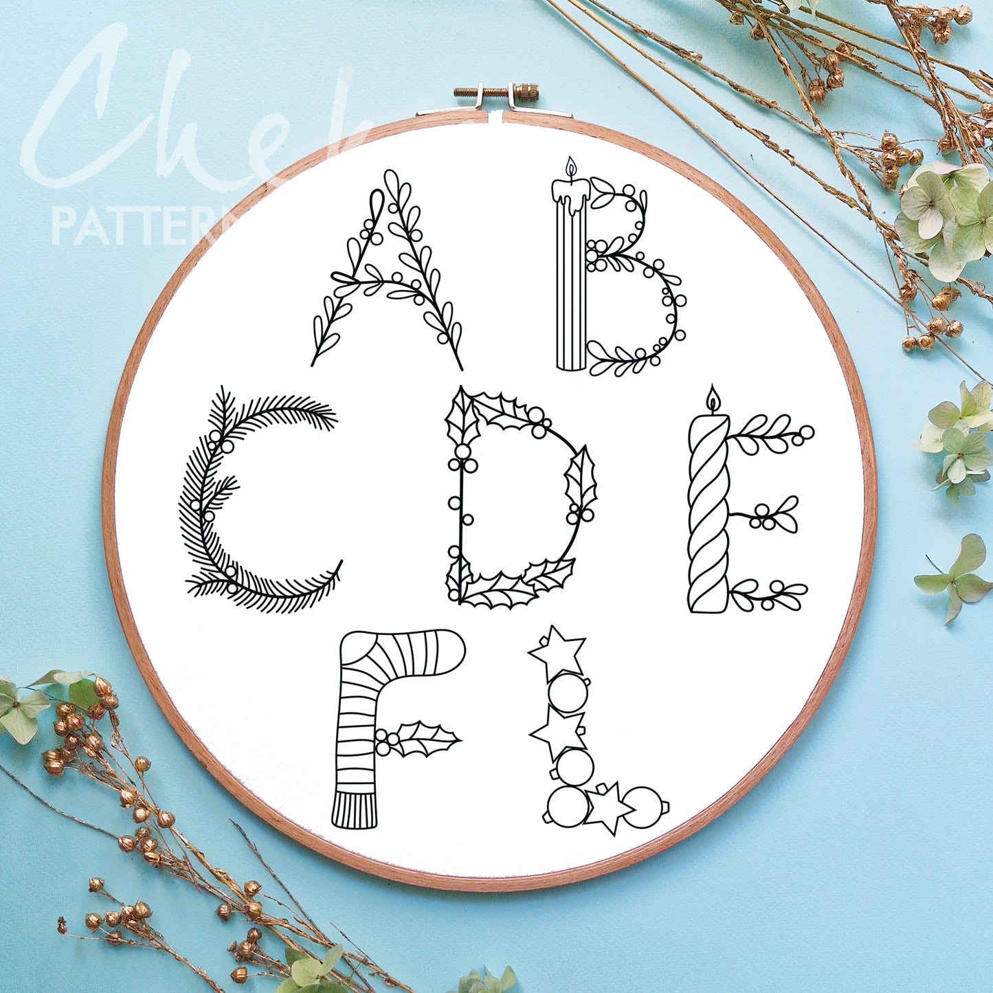 Christmas Alphabet, Set of letters for hand embroidery. Hand embroidery pattern with holiday things. Christmas Monogram, modern hoop art