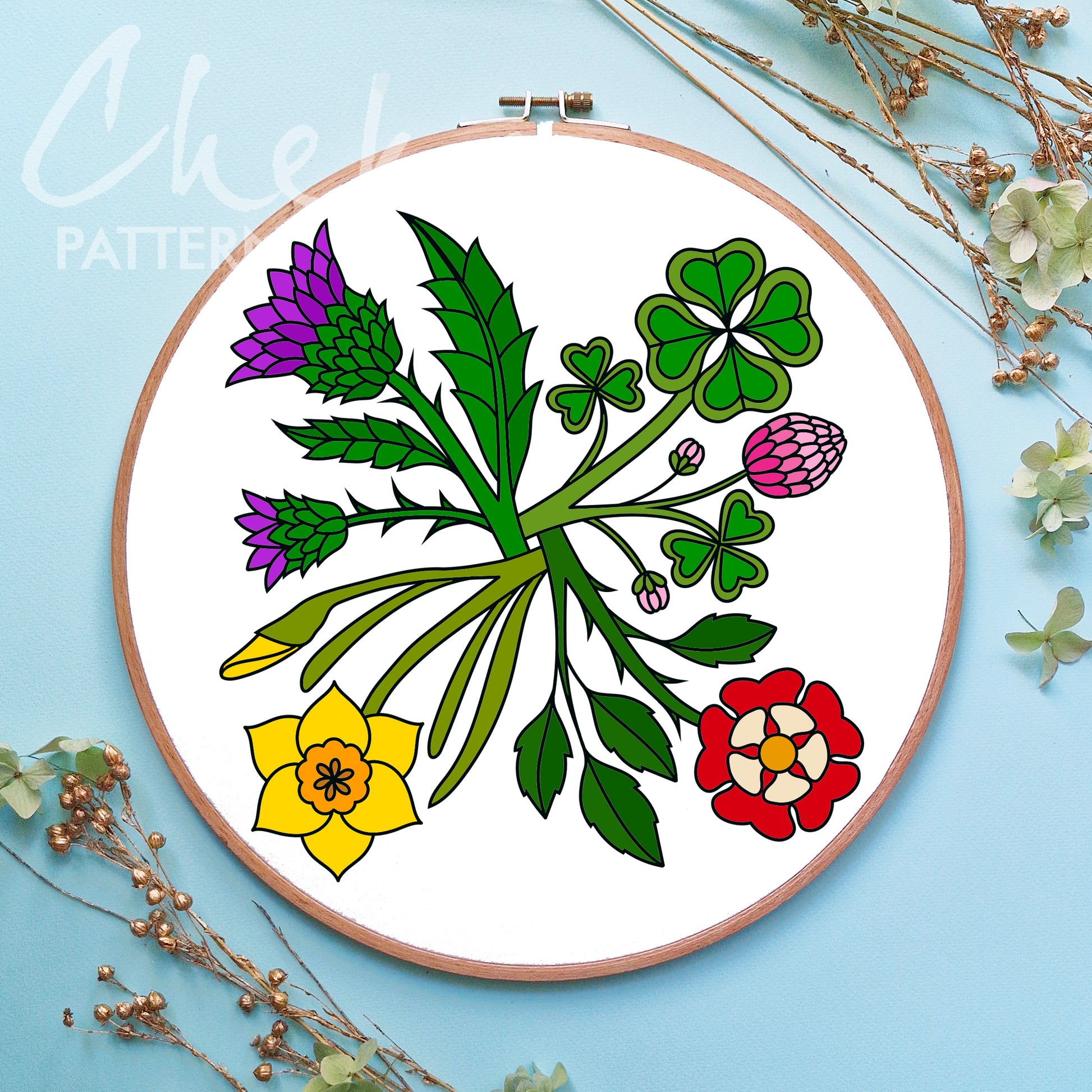 Embroidery hoop with floral design on a light blue background