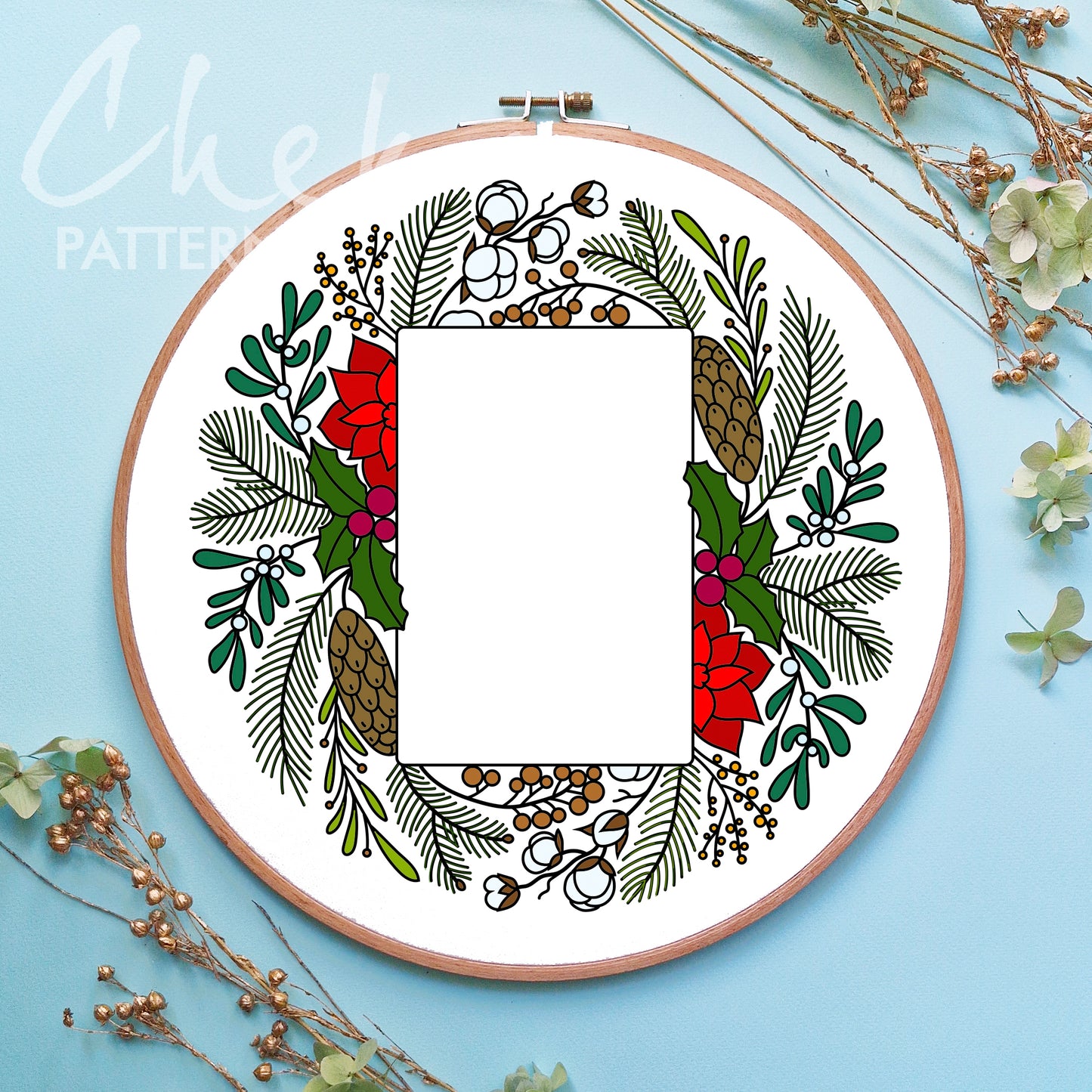 Christmas Photo frame, hand embroidery pattern PDF, digital hand embroidery template PDF, DIY crafts