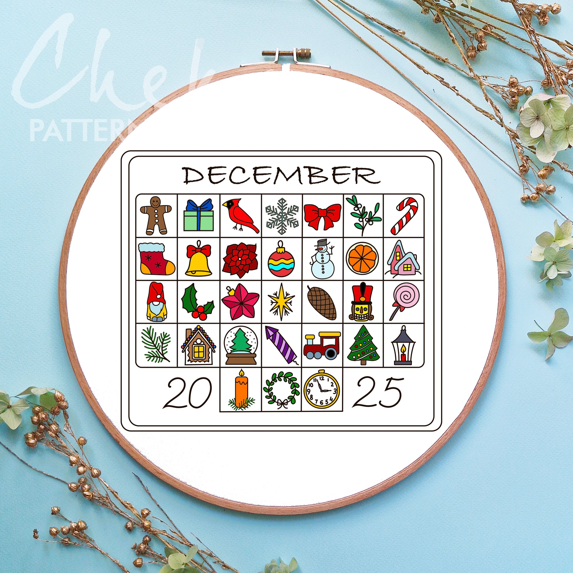 Advent calendar, hand embroidery pattern, December digital embroidery pattern. Phenology calendar pattern. English, French, German versions