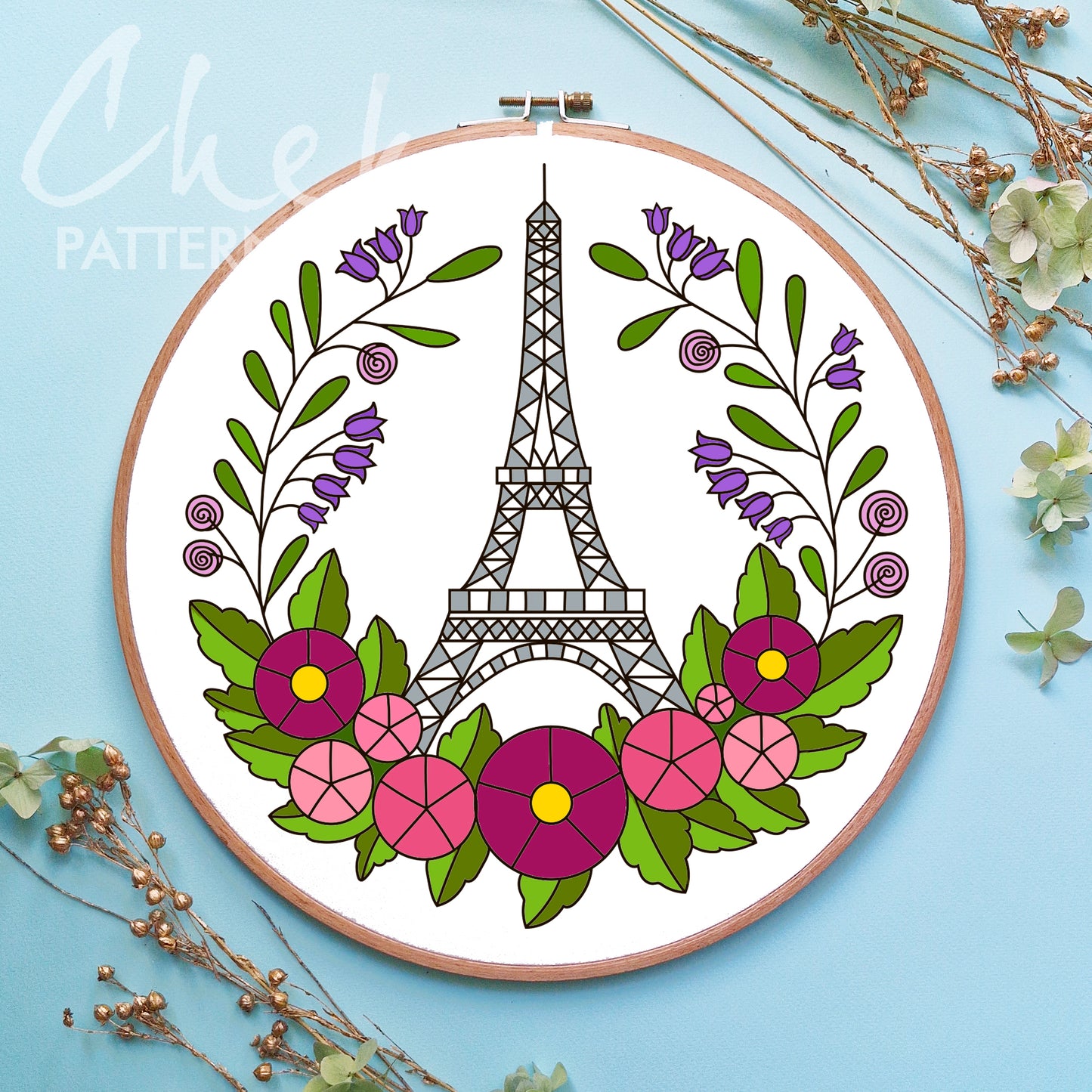 Paris embroidery pattern, Eiffel Tower among flowers, Hand embroidery pattern PDF. Modern hoop art, French embroidery. Handmade embroidery