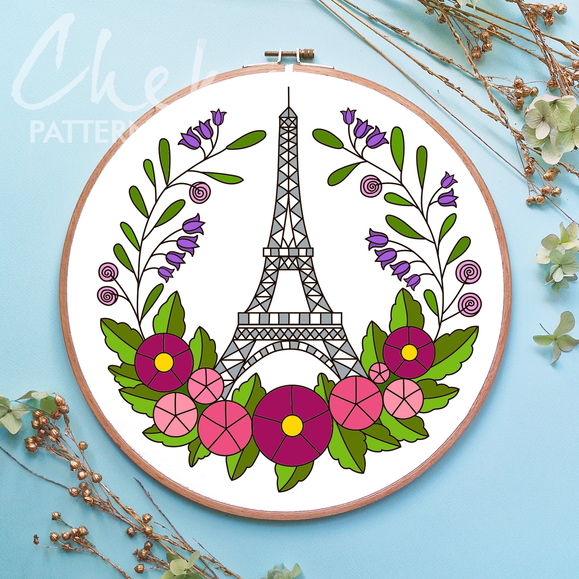 Paris embroidery pattern, Eiffel Tower among flowers, Hand embroidery pattern PDF. Modern hoop art, French embroidery. Handmade embroidery