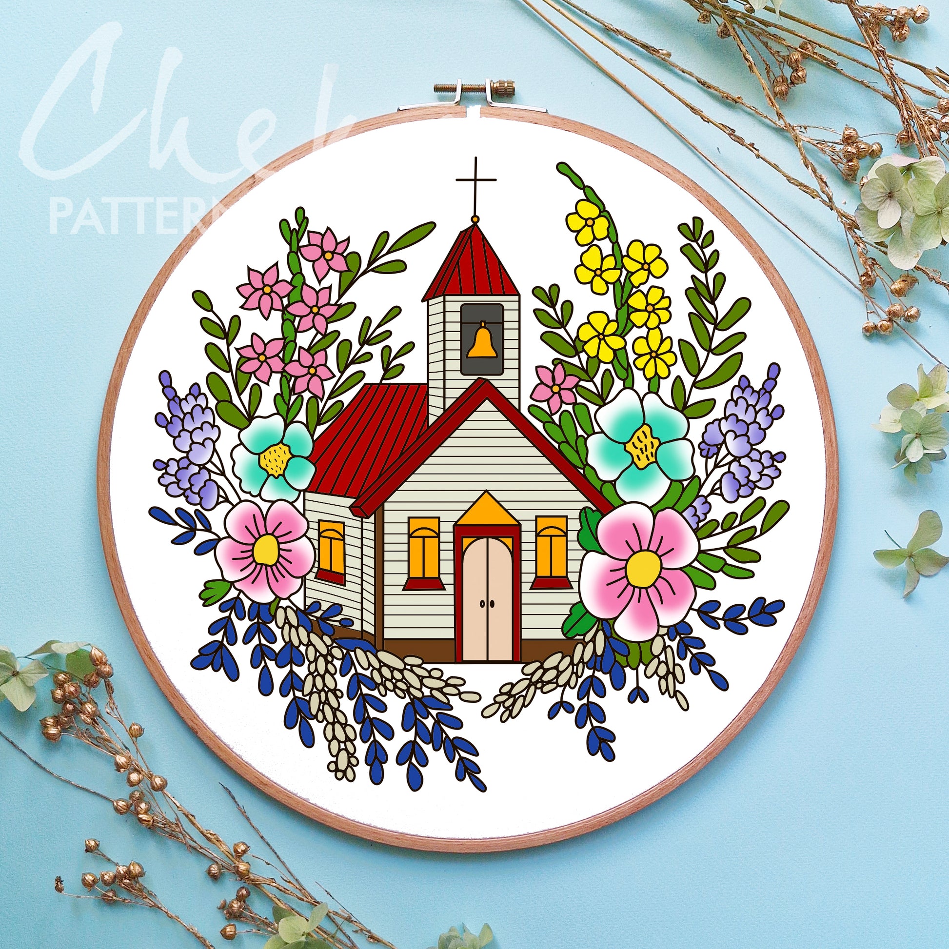 Church PDF template, Floral Embroidery Pattern, Christmas decor, Instant Download, Christian Hand Embroidery, Catholic embroidery craft