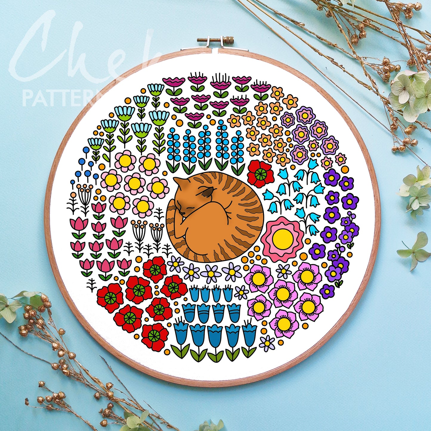 Cat and flowers Embroidery, Modern Cat Embroidery, Cute Cat Embroidery, Cat Lover Gift, spring garden, spring decor, DIY cat portrait PDF