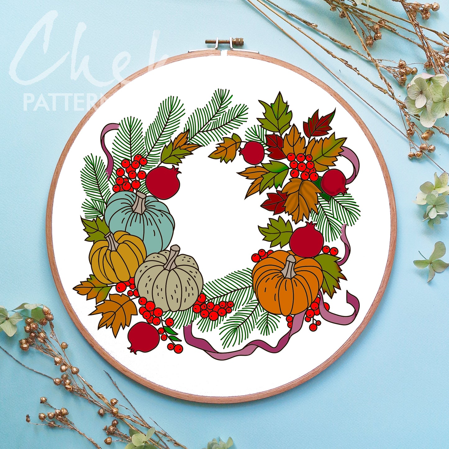 Floral embroidery pattern. Winter hand embroidery pattern, Christmas ornaments, Cozy embroidery pattern with pumpkins, berries, pomegranates