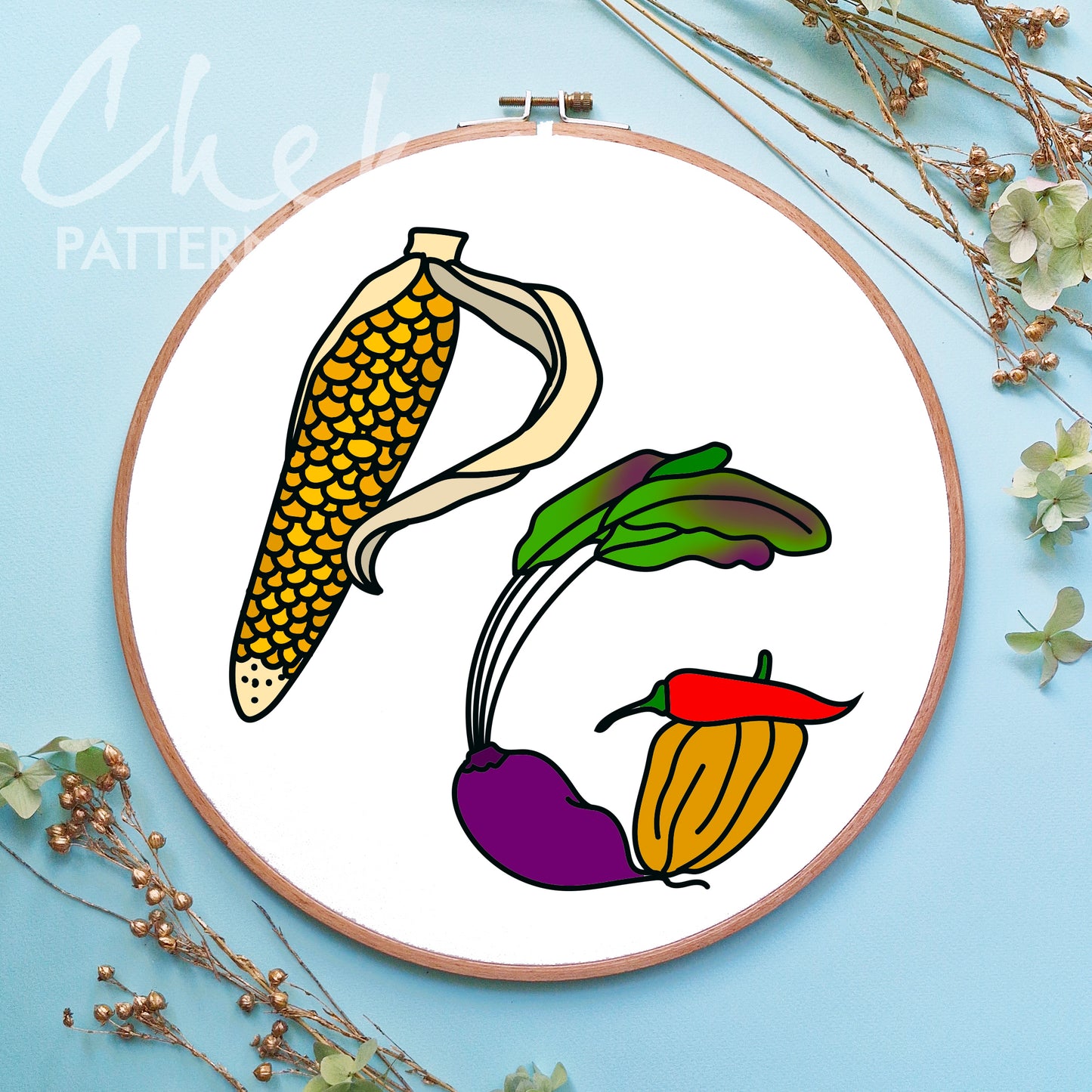 Harvest Alphabet Embroidery Pattern. Alphabet, set of letters for hand embroidery. Letter Embroidery Design with wegetables, Floral Monogram