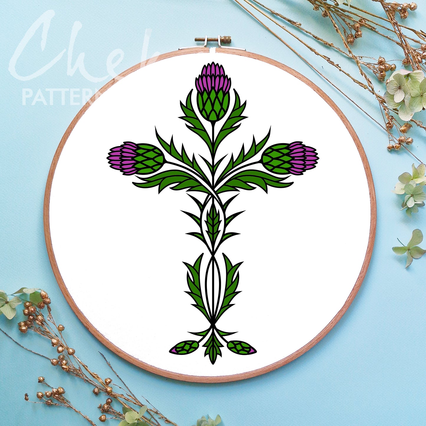 Embroidery hoop with a thistle pattern on a light blue background