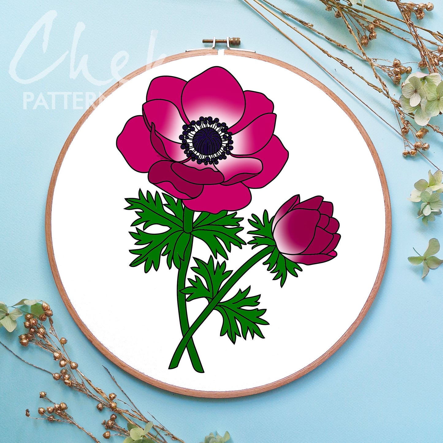 Anemone, Summer flower hand embroidery pattern, Modern hoop art, PDF embroidery template
