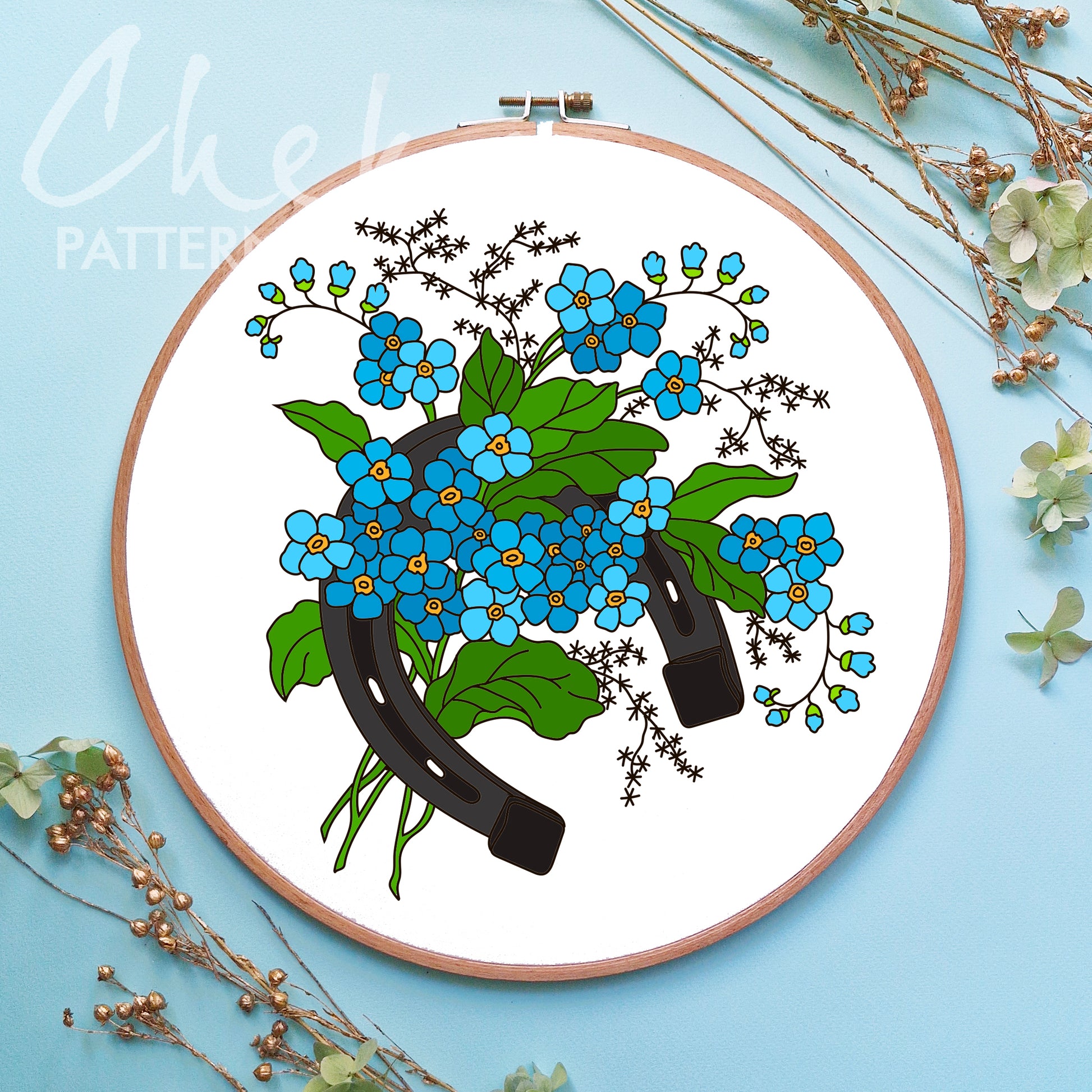 Horseshoe with Forget-me-nots, spring project, horseshoe PDF hand embroidery pattern , symbol of wealth and well-being. Horseshoe template