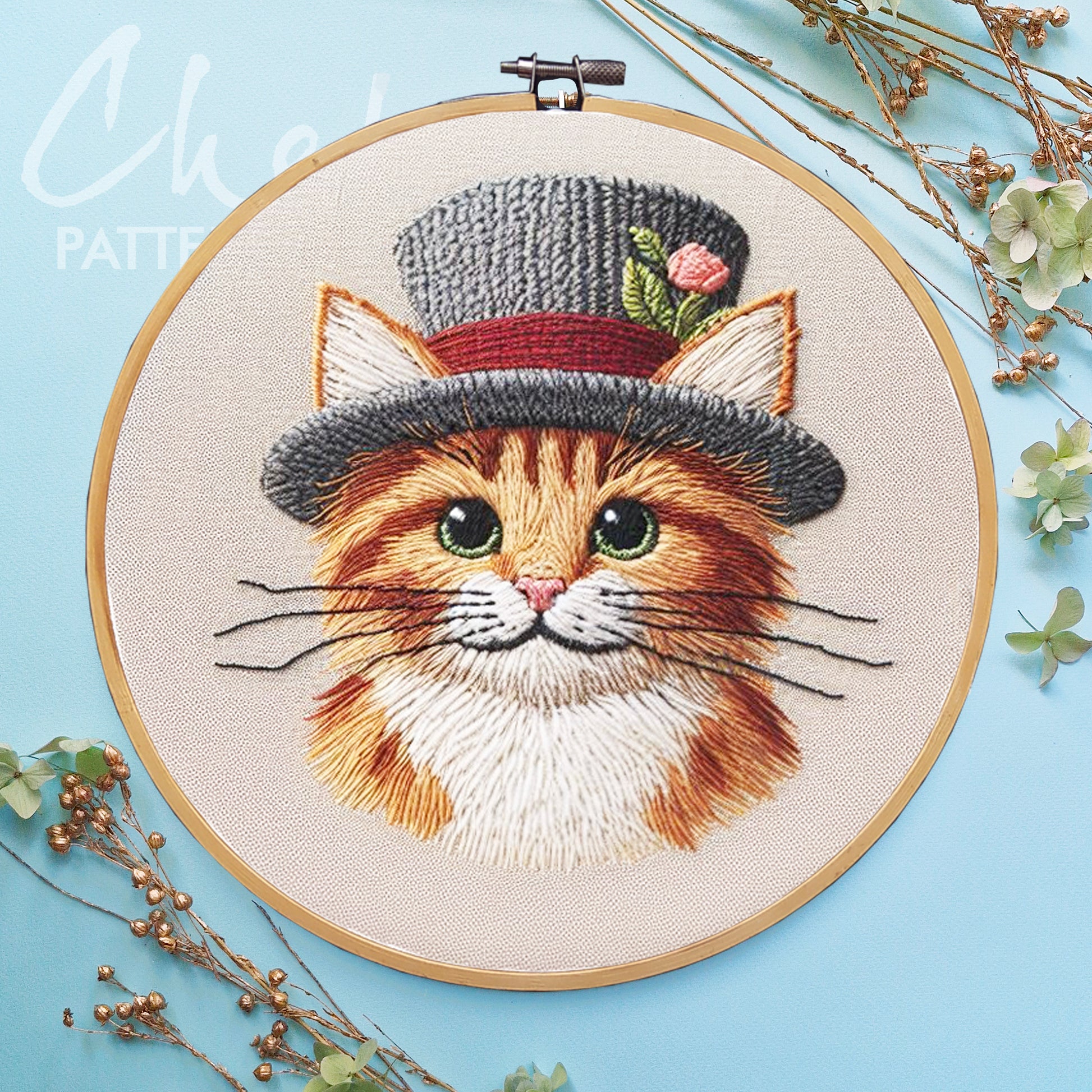 Cat in hat, hand embroidery pattern. Cute cat with big eyes, Cat love pattern, pet embroidery. Cat portrait, pet lover embroidery pattern