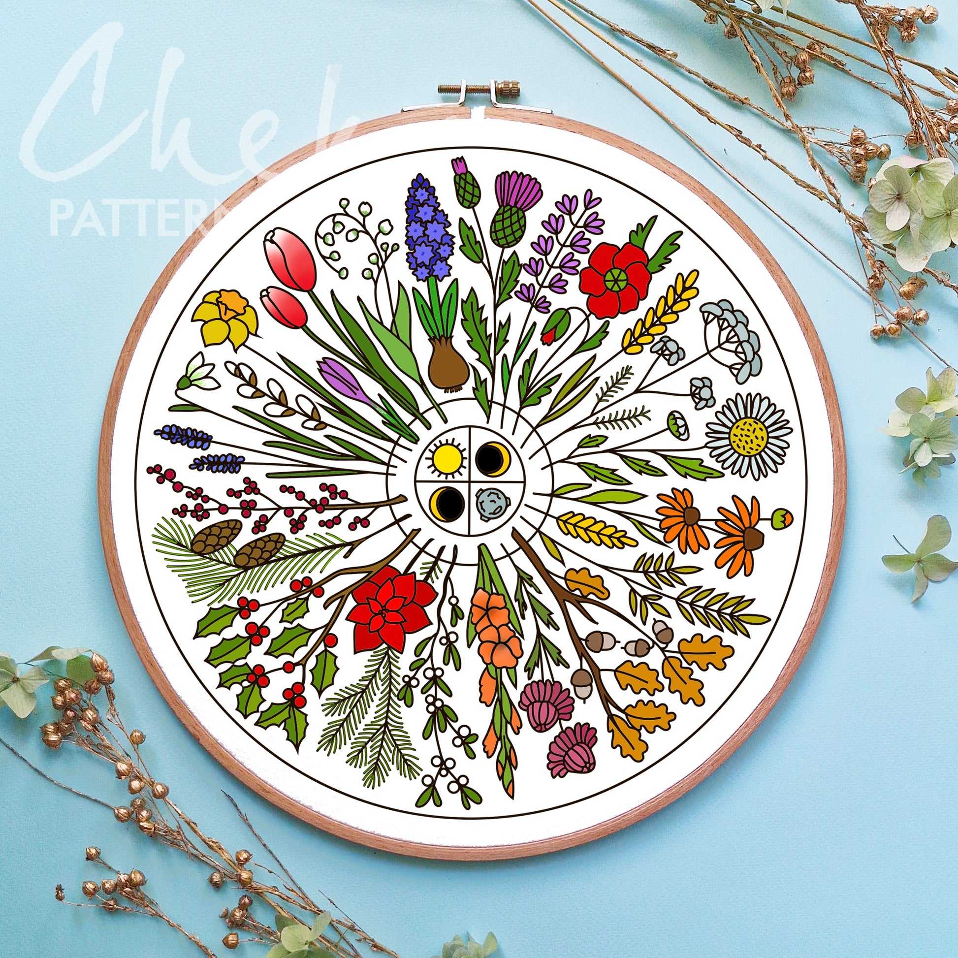 Calendar Embroidery bundle, Phenology Wheel, Set of 4 hand embroidery patterns. PDF Embroidery calendar. Yule, Mabon, Samhain, Ostra, Imbolc