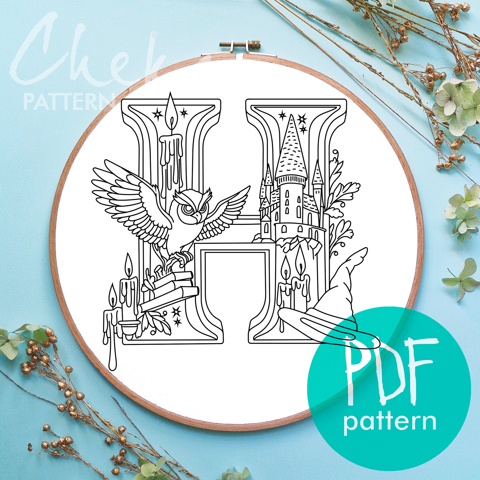 Wizard School letter embroidery. Hogwarts monogram. Magic alphabet embroidery, letter embroidery pattern. Hoop art, The letter "H" pattern