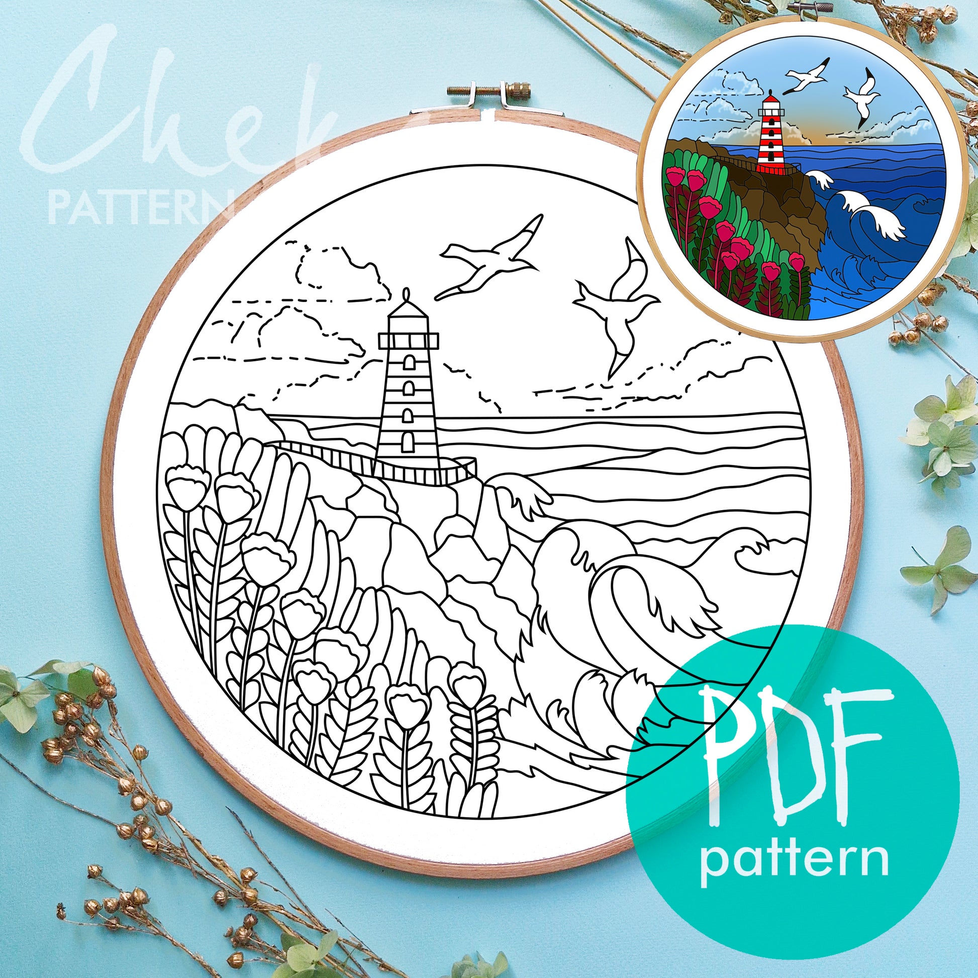 Lighthouse embroidery pattern, pdf embroidery pattern, Modern Sea Art, Home Decor, Summer Landscape, Ocean Waves, Coastal Decor,Summer Craft