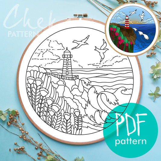 Lighthouse embroidery pattern, pdf embroidery pattern, Modern Sea Art, Home Decor, Summer Landscape, Ocean Waves, Coastal Decor,Summer Craft