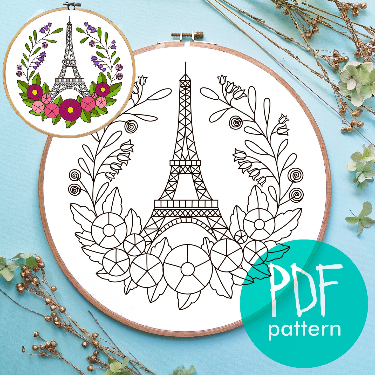 Paris embroidery pattern, Eiffel Tower among flowers, Hand embroidery pattern PDF. Modern hoop art, French embroidery. Handmade embroidery