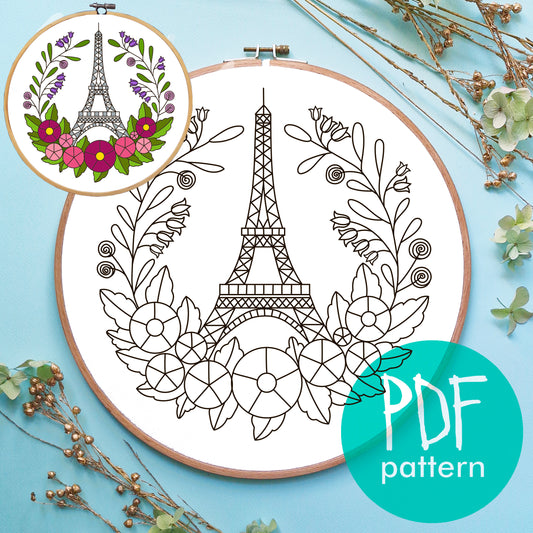 Paris embroidery pattern, Eiffel Tower among flowers, Hand embroidery pattern PDF. Modern hoop art, French embroidery. Handmade embroidery