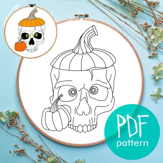 Skull pattern, Skull pumpkin hand embroidery pattern, Funny Halloween embroidery pattern PDF, Embroidery scheme with skull, spooky hoop art