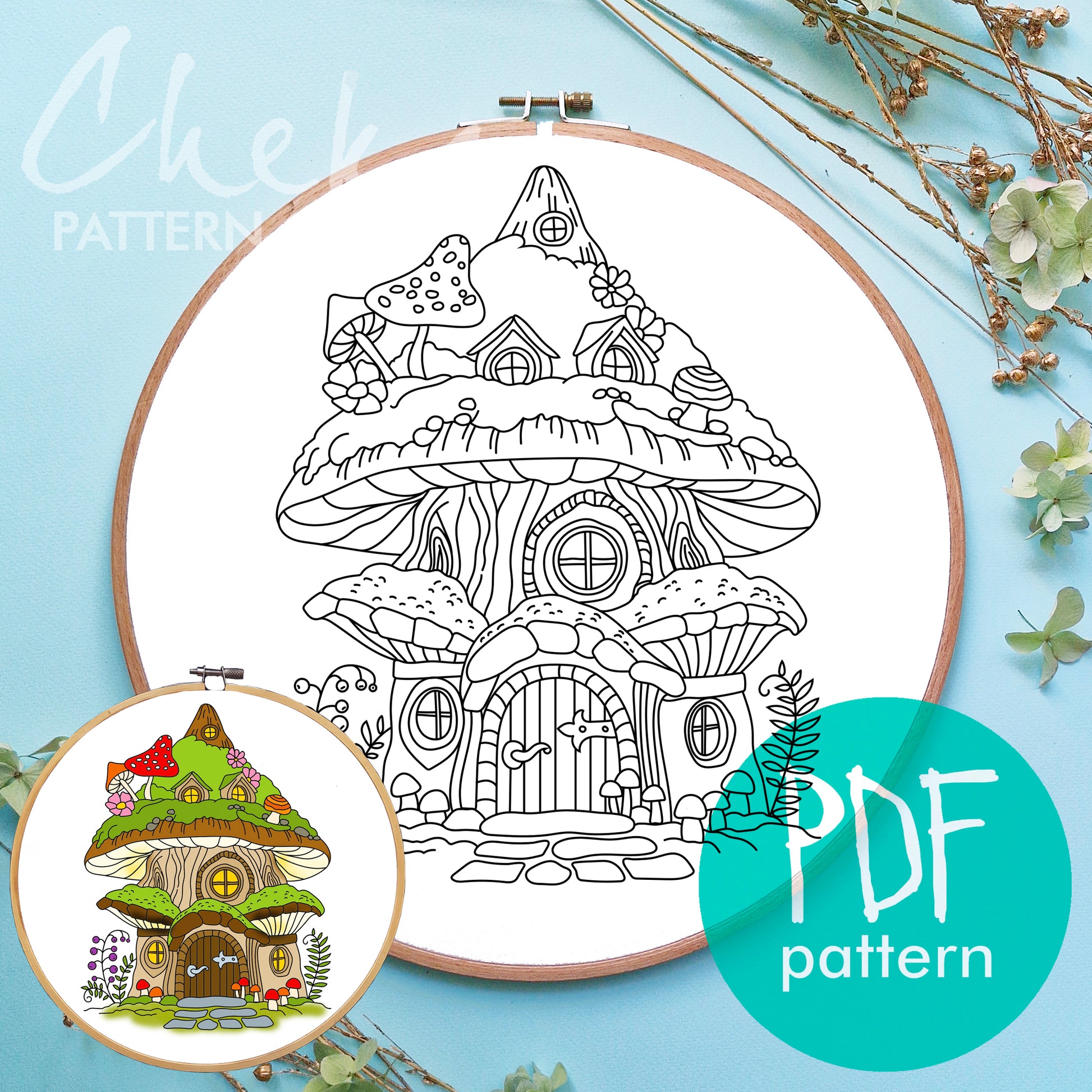 Fairy house, Hand Embroidery Template. Fairy Cottage, PDF embroidery pattern