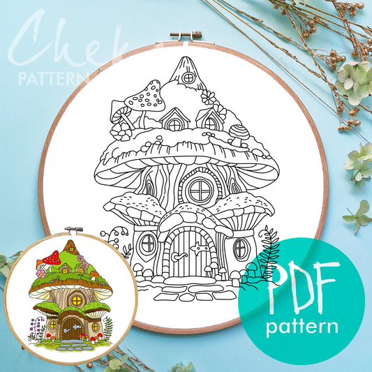 Fairy house, Hand Embroidery Template. Fairy Cottage, PDF embroidery pattern