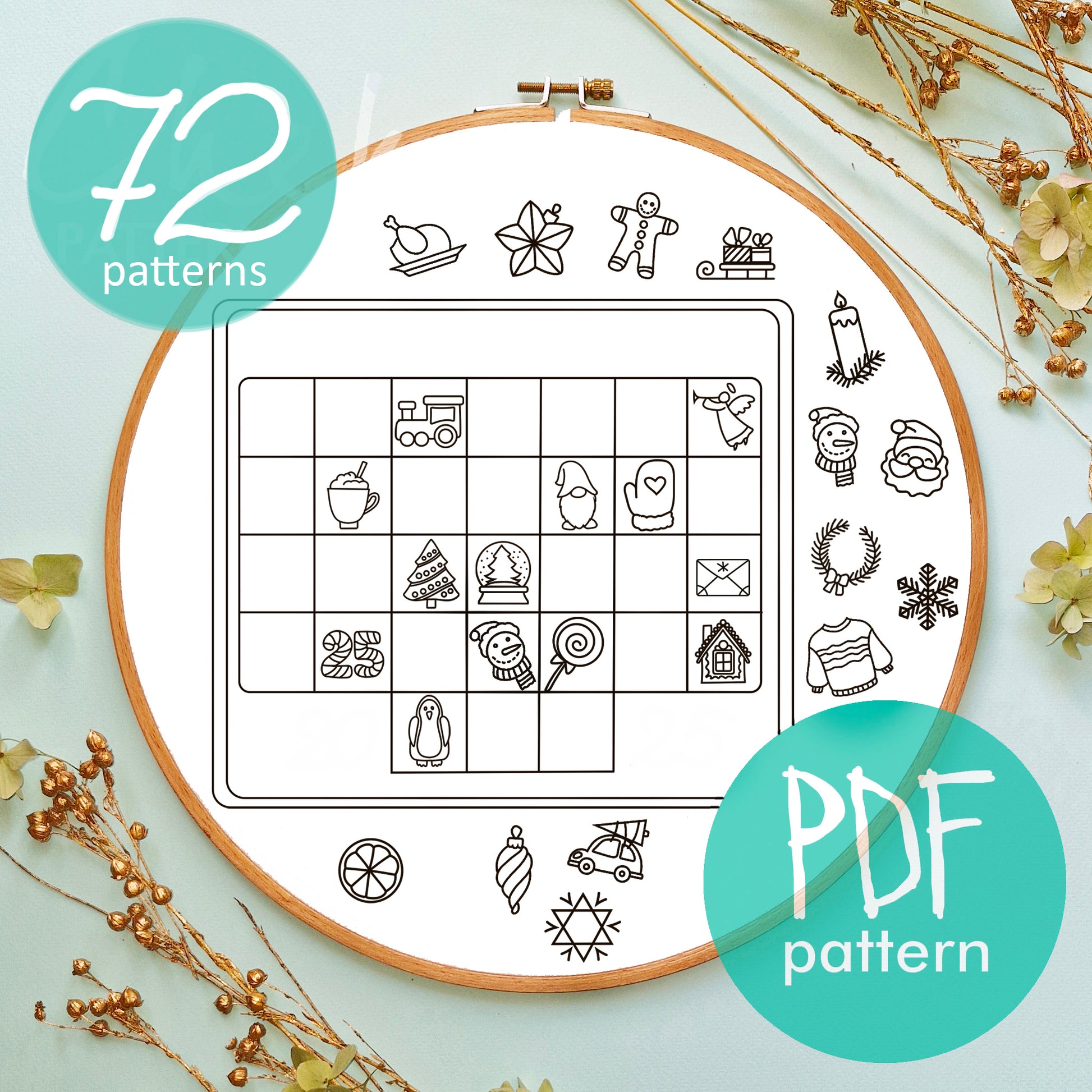 Advent calendar, Tiny embroidery, hand embroidery patterns. 72 Christmas embroidery patterns. Advent calendar pattern