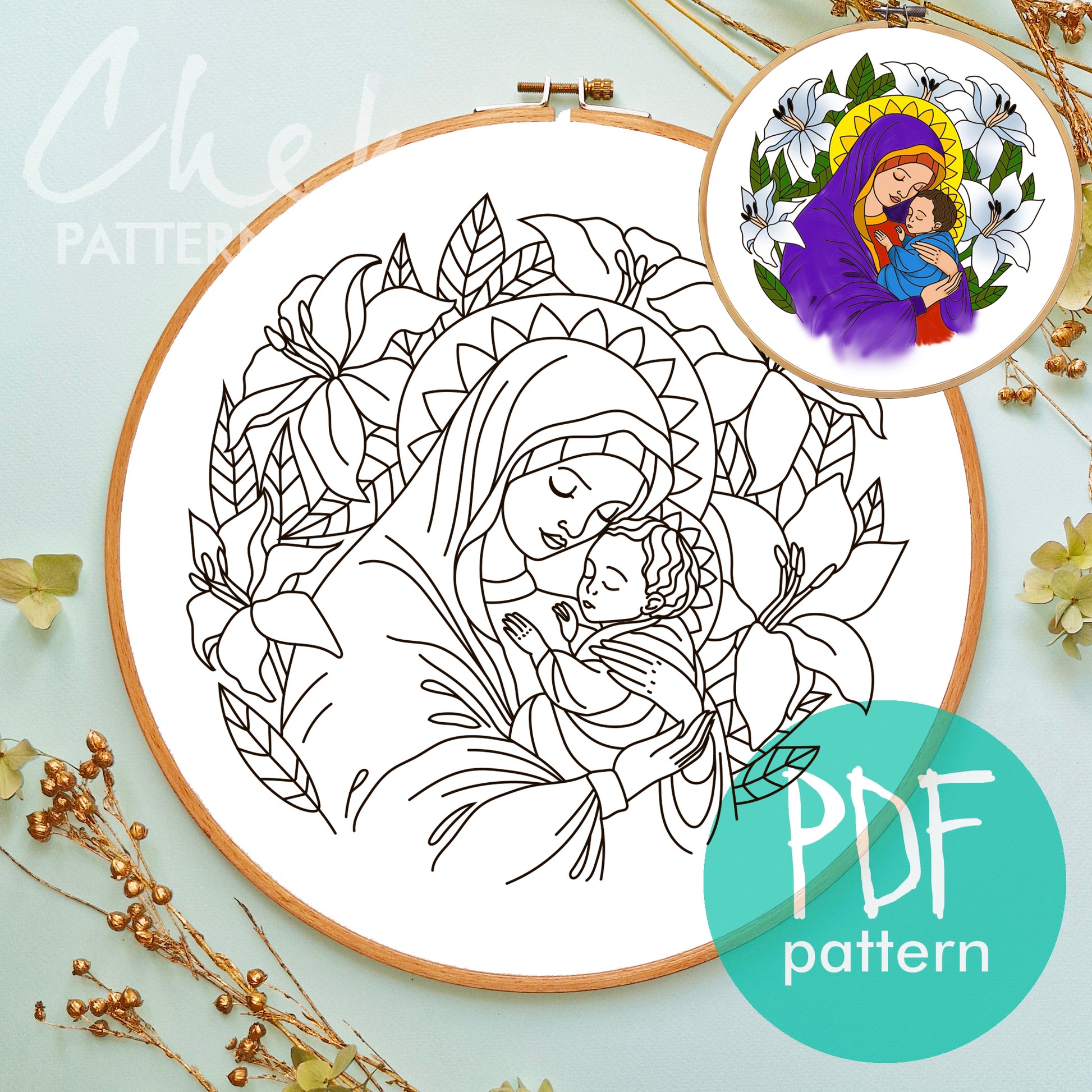 The Virgin and Child, Mary and little Jesus, Hand embroidery pattern. Instant Download, Christian Hand Embroidery, Catholic embroidery craft