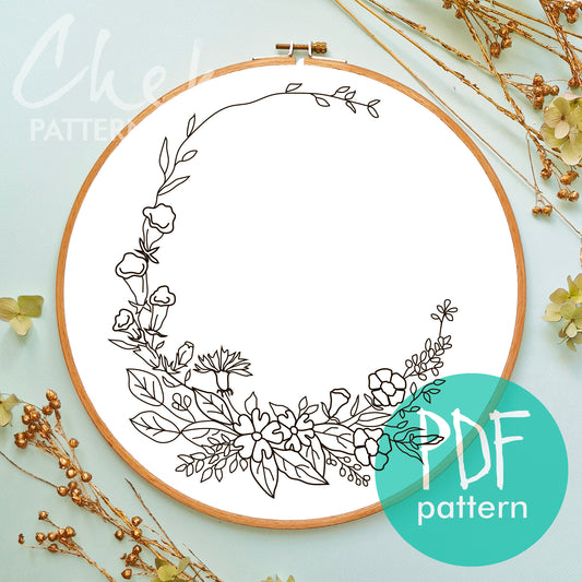 Wildflowers Hand Embroidery Pattern, blue Embroidery, Floral Embroidery Pattern, blue meadow wreath, lavender Wildflowers, modern hoop Art 