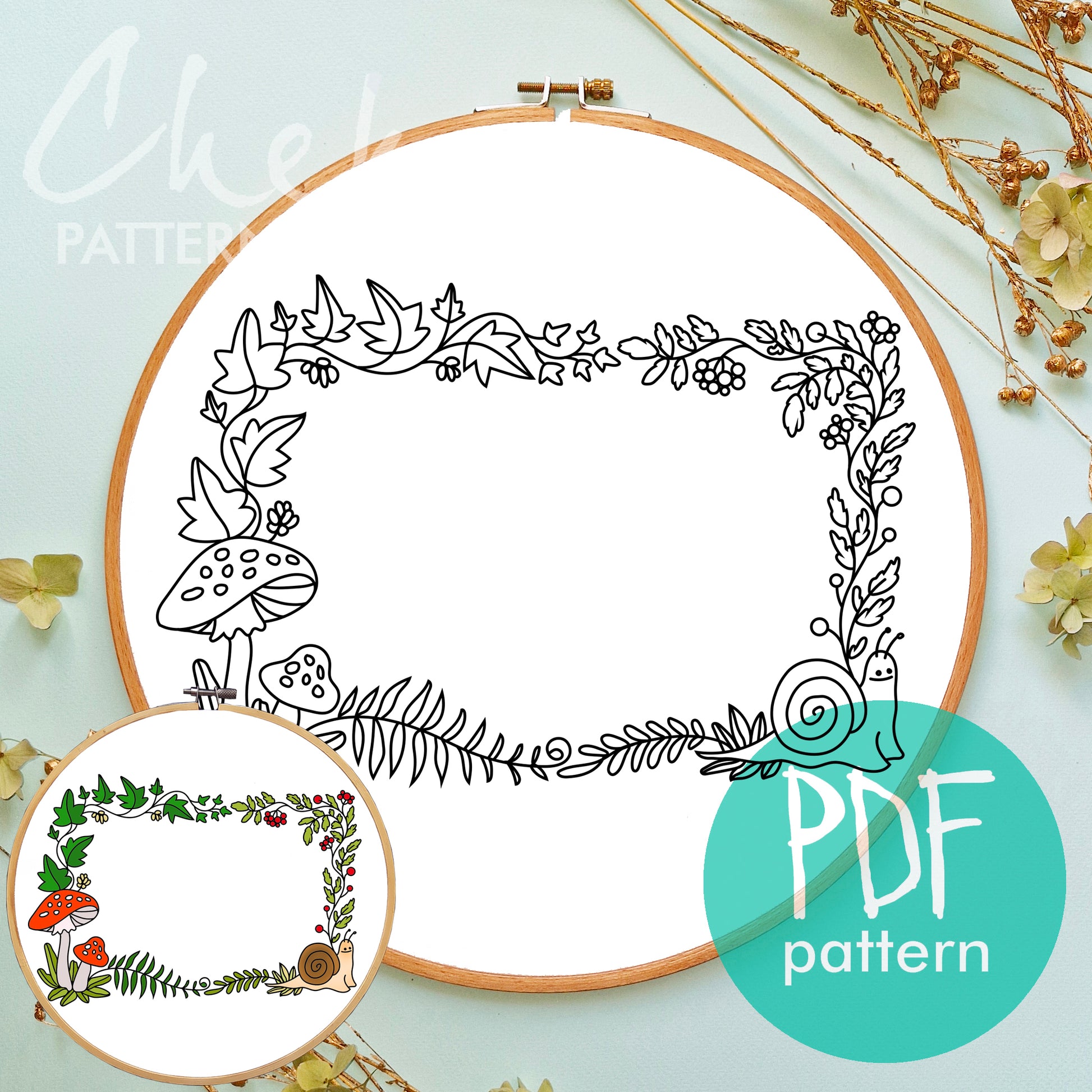 Photo frame, hand embroidery pattern with autumn leaves, handmade embroidered frame, digital hand embroidery pattern PDF. Nature Embroidery