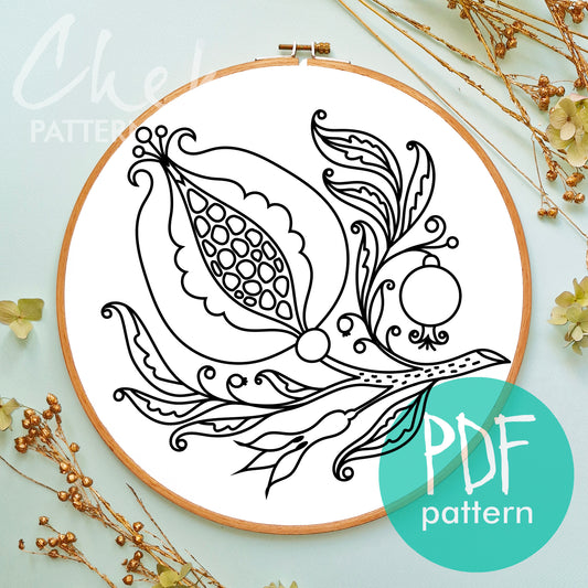 Pomegranate, Floral Embroidery pattern, pomegranate embroidery design, Red Pomegranate embroidery pattern, Hand Embroidery, Modern hoop art