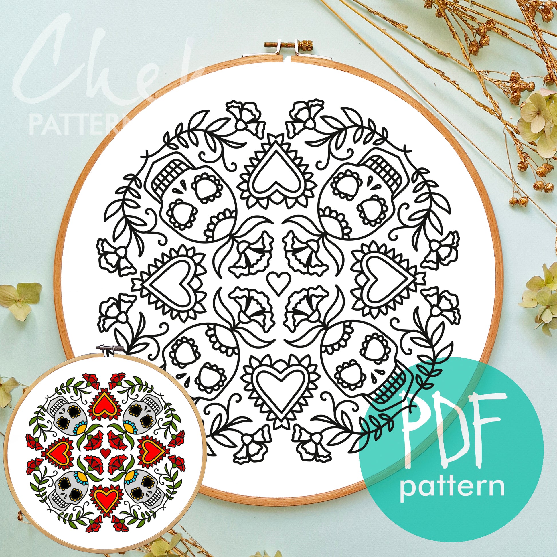 All Saints’ Day. Skull and carnation, hand embroidery PDF pattern. Trick Or Treat, Halloween scary embroidery. Spooky season