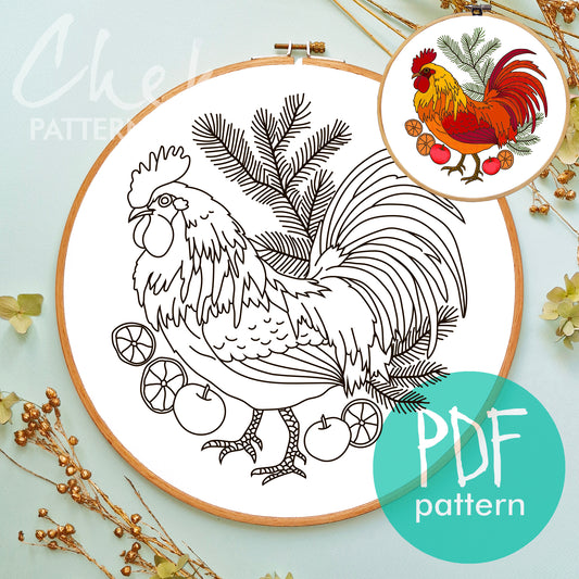 Red rooster, the symbol of France. Colorful Rooster Hand Embroidery Pattern, Instant Download, modern art. Cockerel hand embroidery pattern