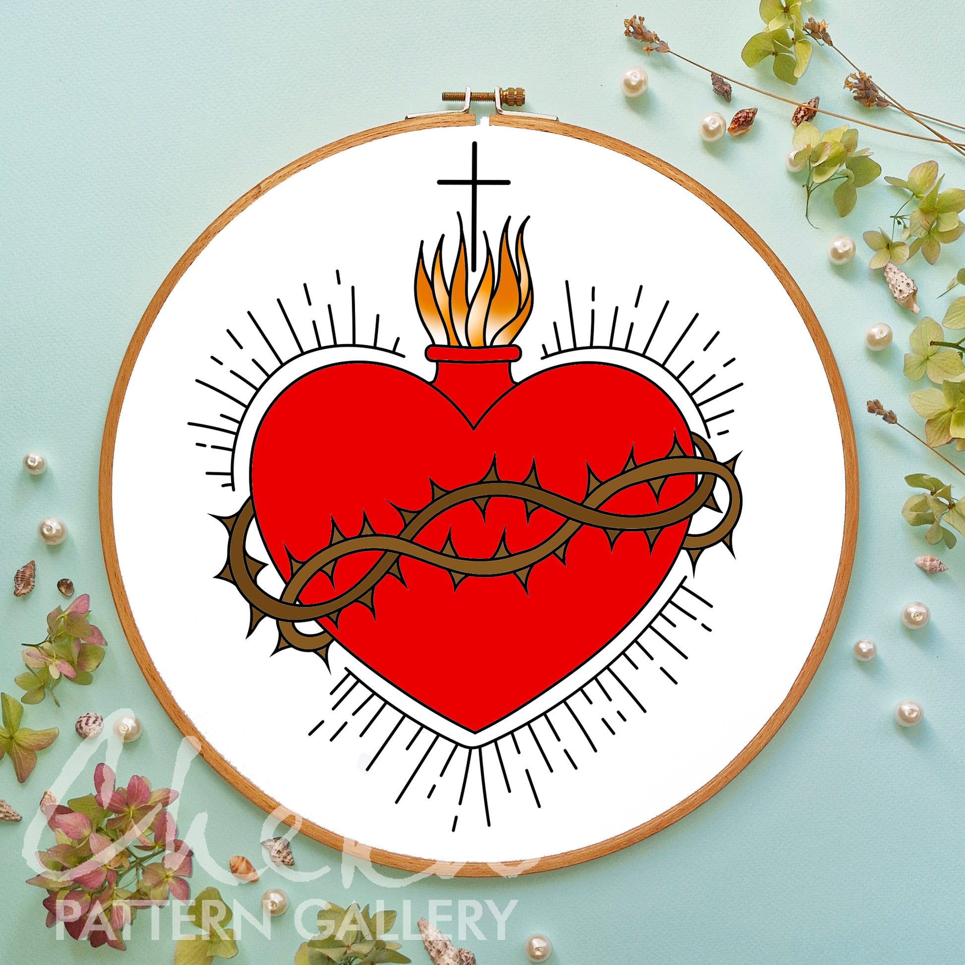 Holy Family Hearts, Sacred Heart Of Jesus pattern, Immaculate, Chaste Heart, Catholic Symbols, Instant Digital Download. Christian Hoop Art