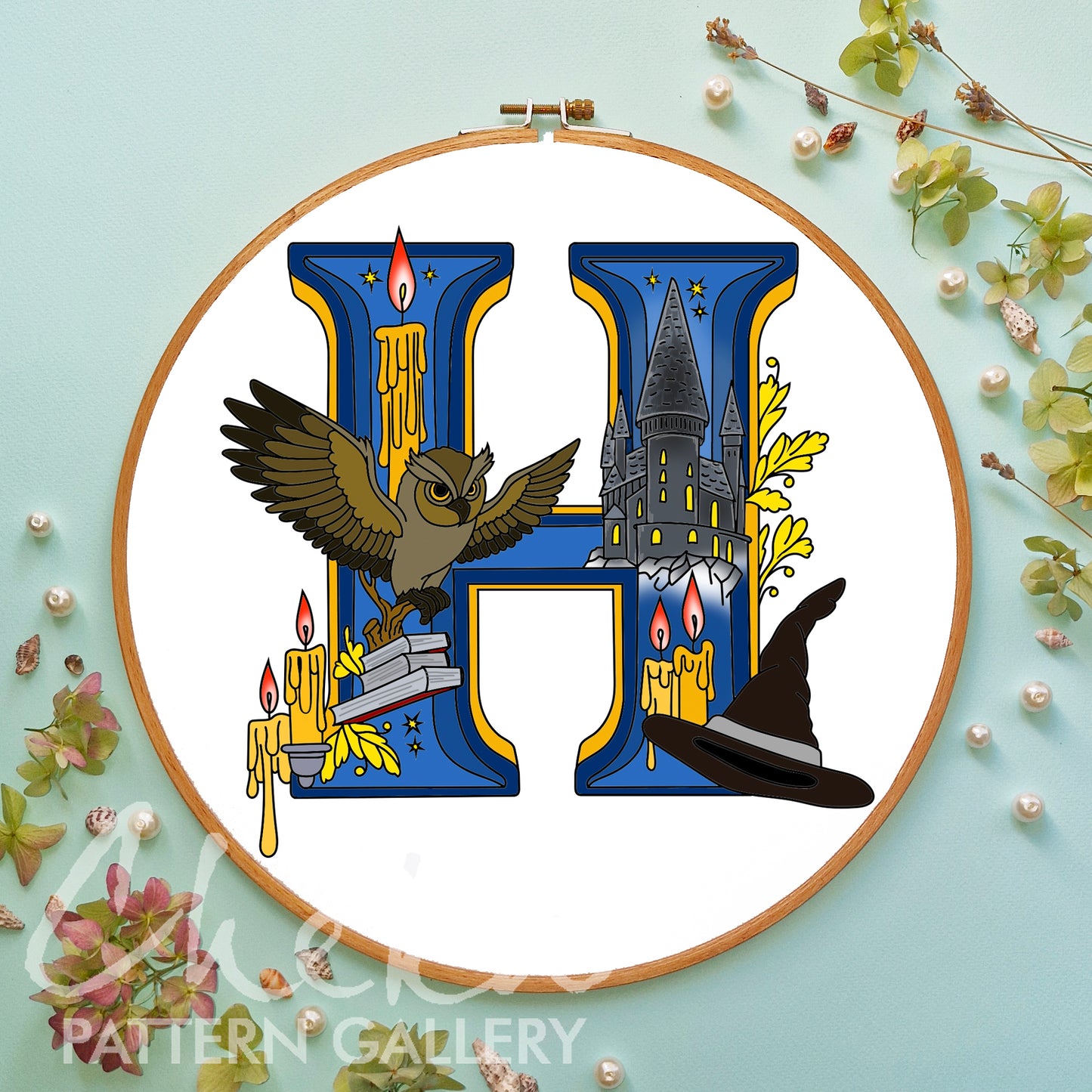 Wizard School letter embroidery. Hogwarts monogram. Magic alphabet embroidery, letter embroidery pattern. Hoop art, The letter "H" pattern