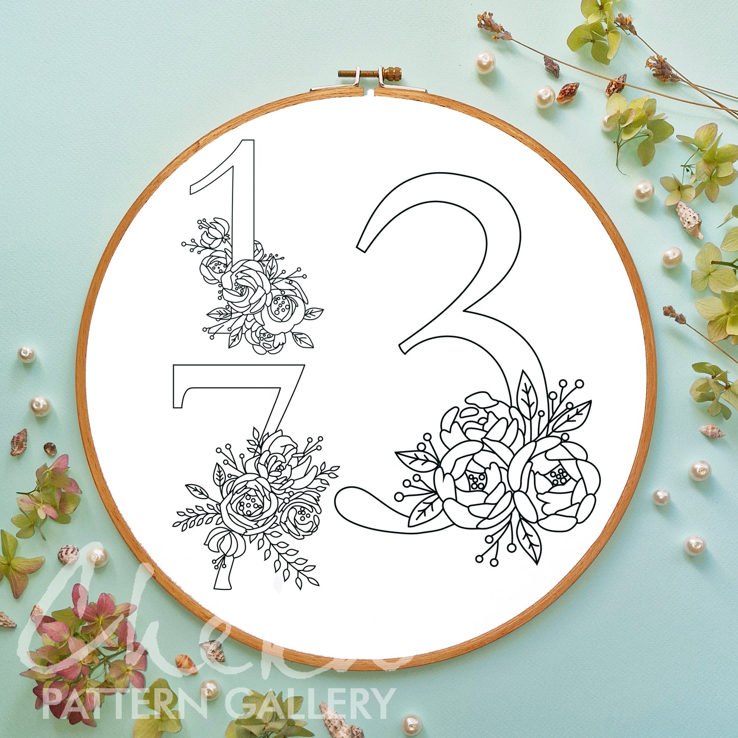 Floral Numbers. A set of 10 numbers with pink flowers. Hand embroidery pattern PDF, modern hoop art