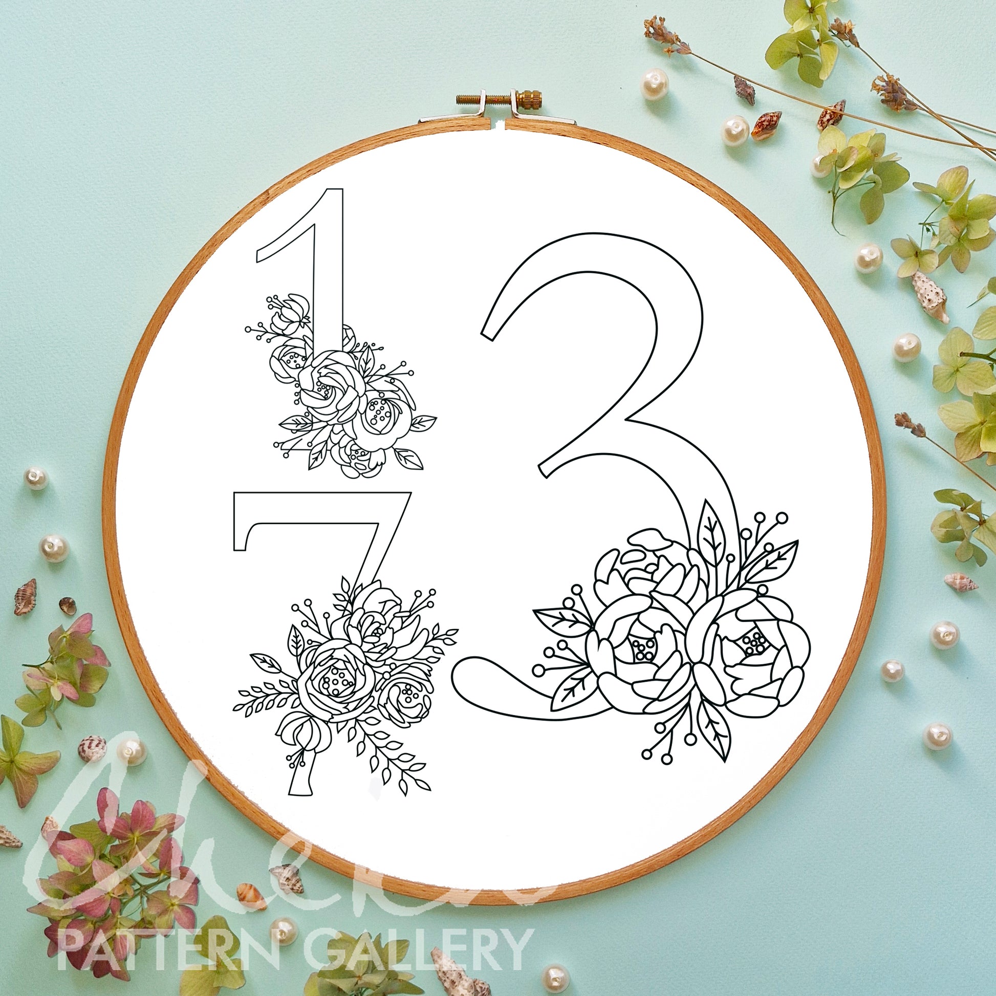 Floral Numbers. A set of 10 numbers with pink flowers. Hand embroidery pattern PDF, modern hoop art