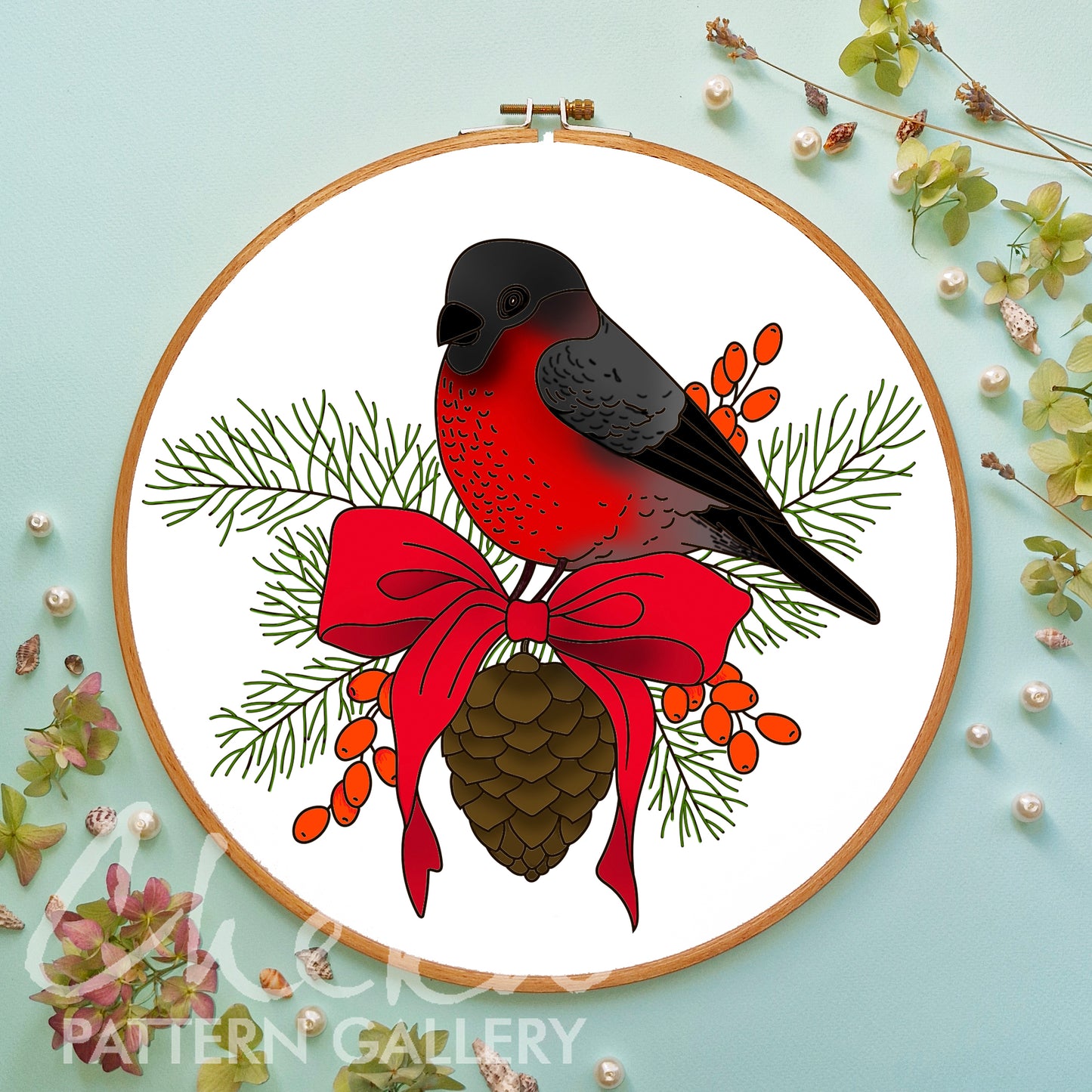 Bullfinch christmas ornament, Hand embroidery pattern PDF. Pictorial winter embroidery. Red bird tapestry, Beginner Friendly Embroidery