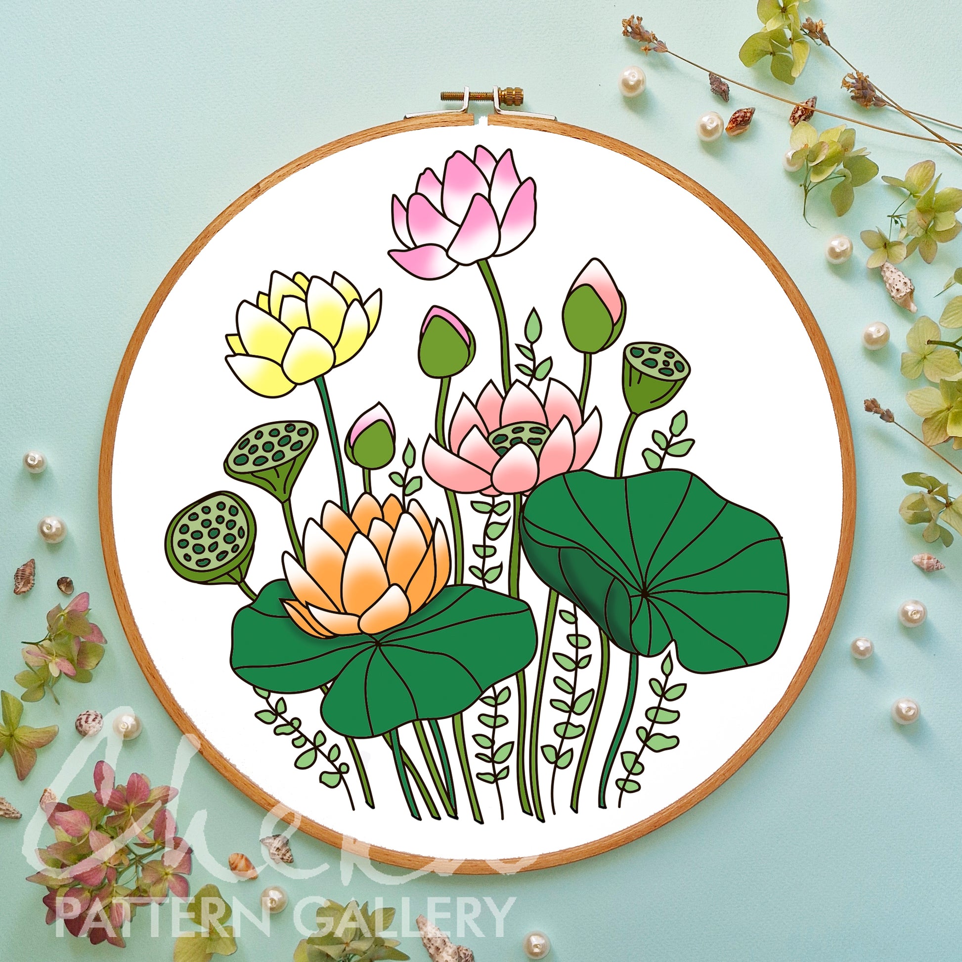 Water lilies, hand embroidery pattern. Colored lilies, hand embroidery design. Blossom of Beautiful water flowers. Embroidery blueprint PDF