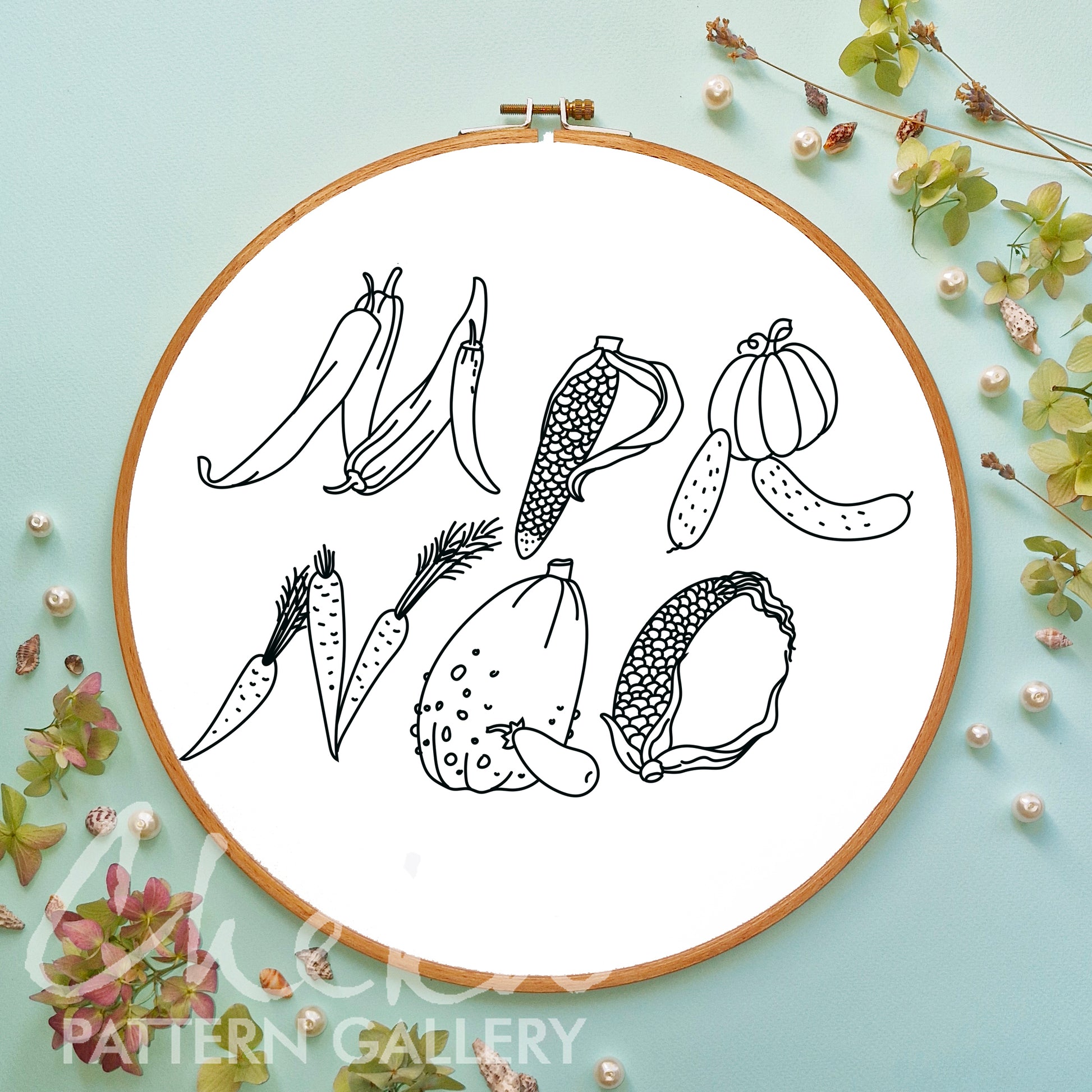 Harvest Alphabet Embroidery Pattern. Alphabet, set of letters for hand embroidery. Letter Embroidery Design with wegetables, Floral Monogram