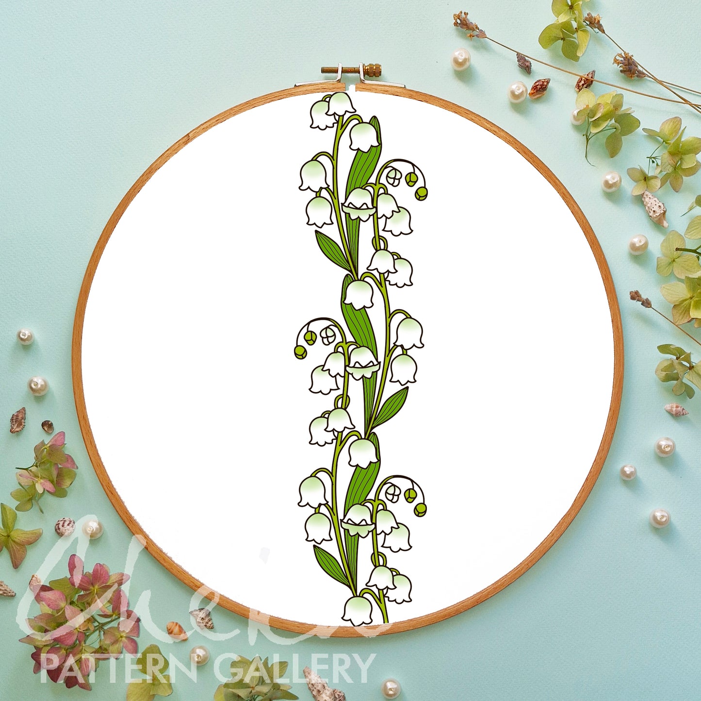 Lilies of The Valley, Decorative pattern for embroidery with Lilies. Pattern for decoration in a rural style, floral hand embroidery pattern