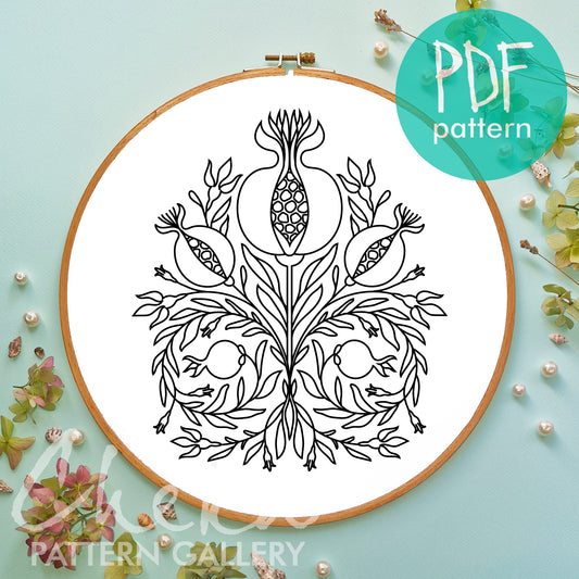 Pomegranate, Floral Embroidery, pomegranate embroidery design, Hand Embroidery, Red Pomegranate embroidery pattern, Modern hoop art