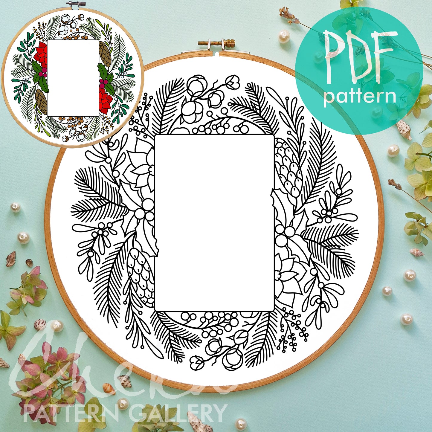 Christmas Photo frame, hand embroidery pattern PDF, digital hand embroidery template PDF, DIY crafts