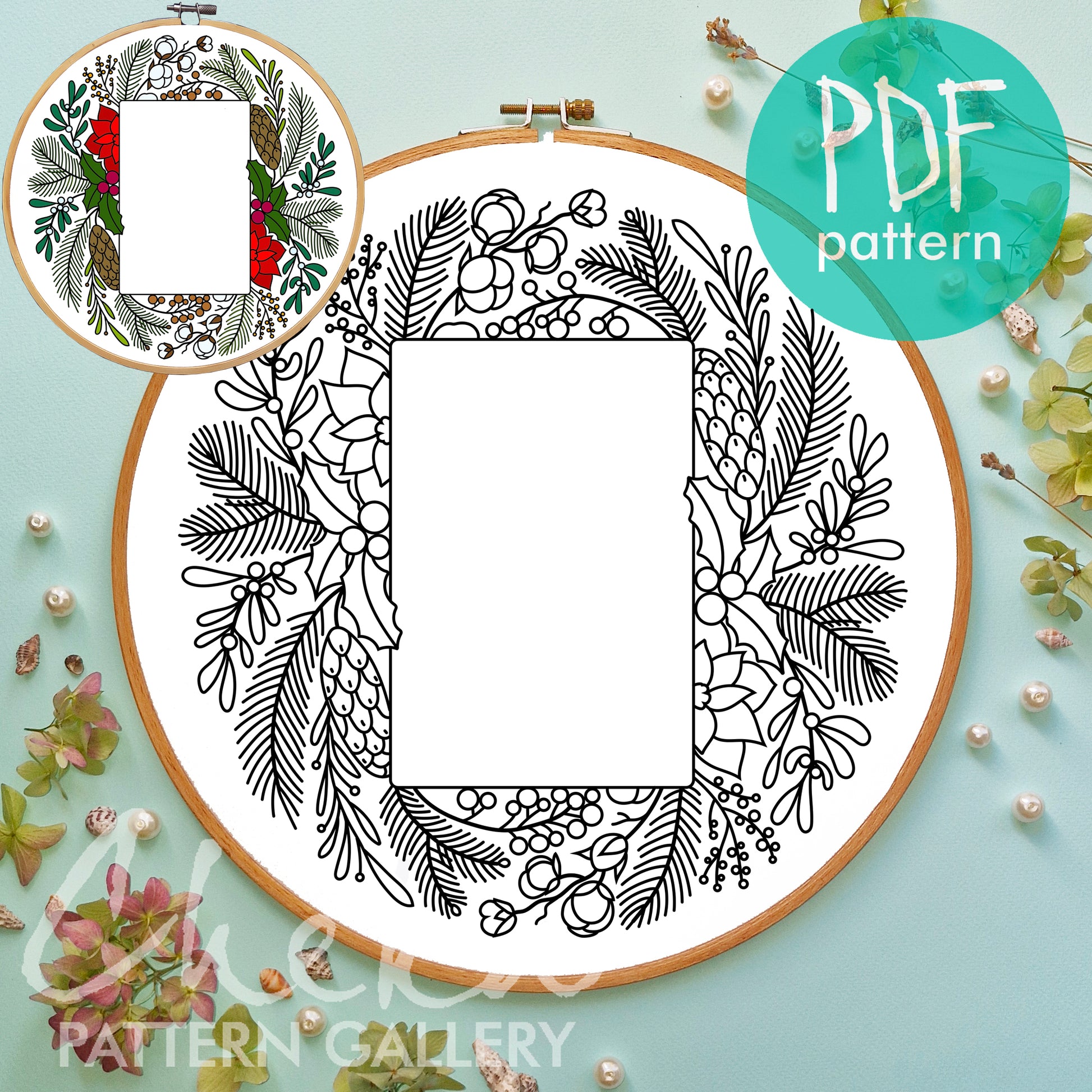 Christmas Photo frame, hand embroidery pattern PDF, digital hand embroidery template PDF, DIY crafts