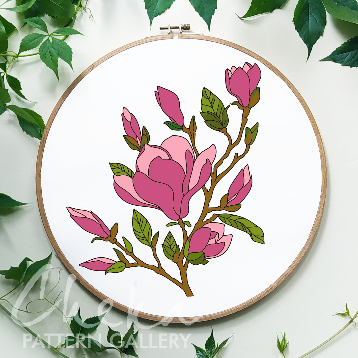 Magnolia pattern for hand embroidery, branch of big pink Magnolia, beautiful flower embroidery pattern, Magnolia pattern,Modern hoop art PDF