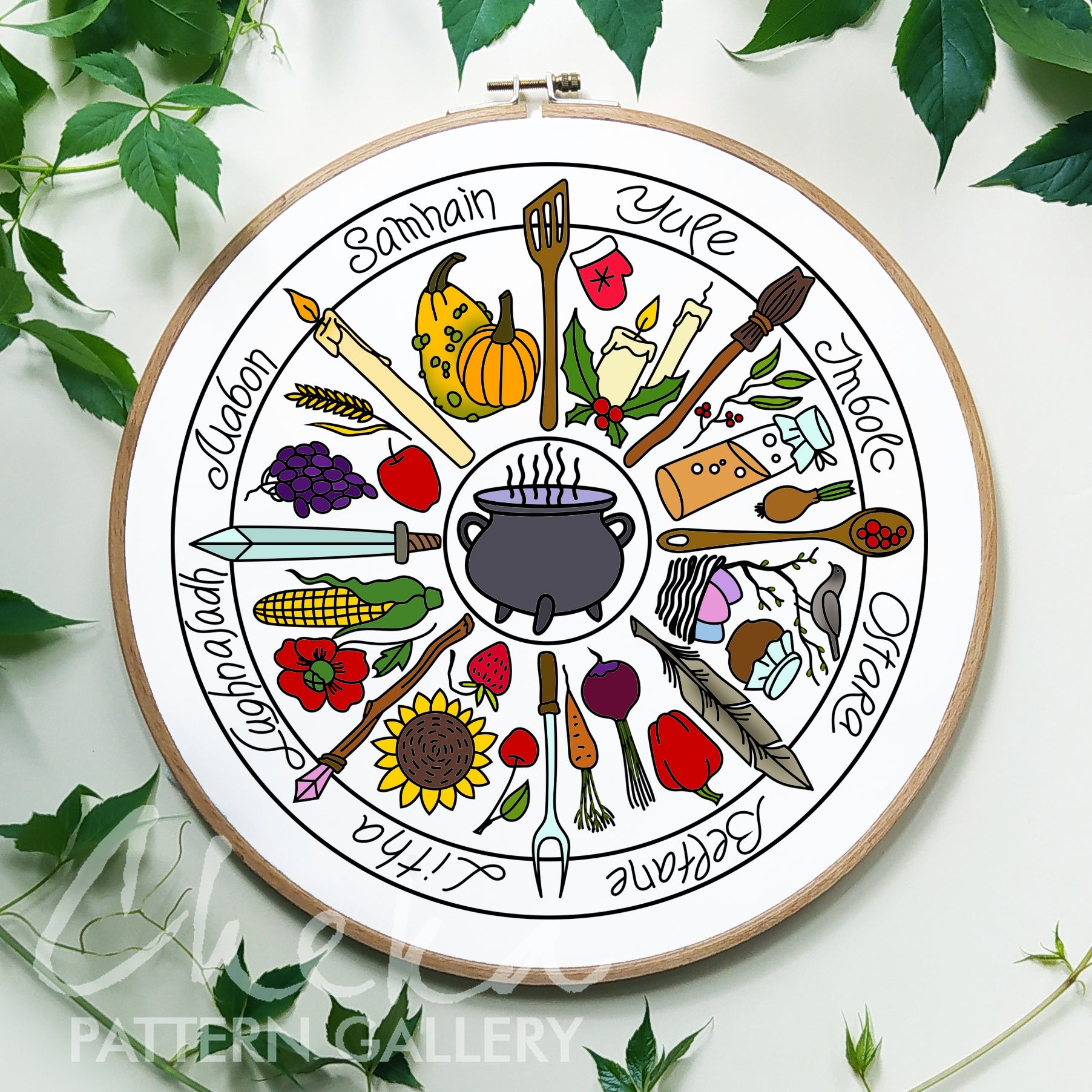 Circular design with various symbols and text on a white background with green leaves.
