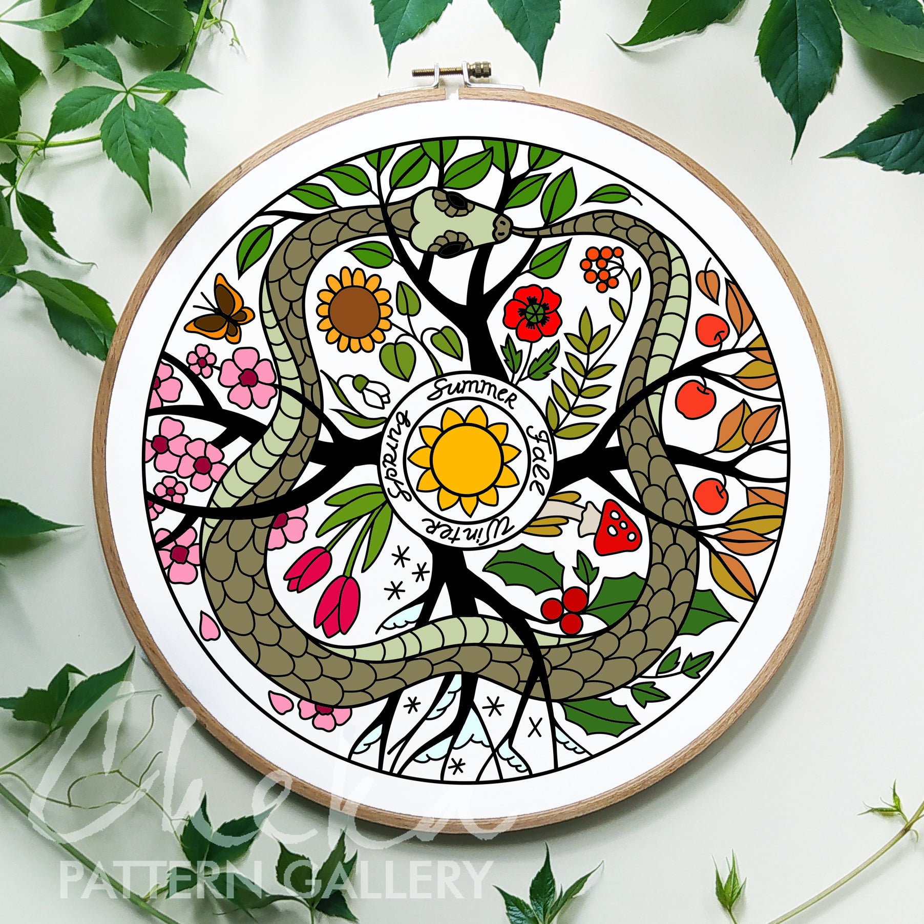 Phenology wheel pattern, The Ouroboros. Phenology wheel template with a snake, calendar to embroider the seasons. PDF embroidery pattern