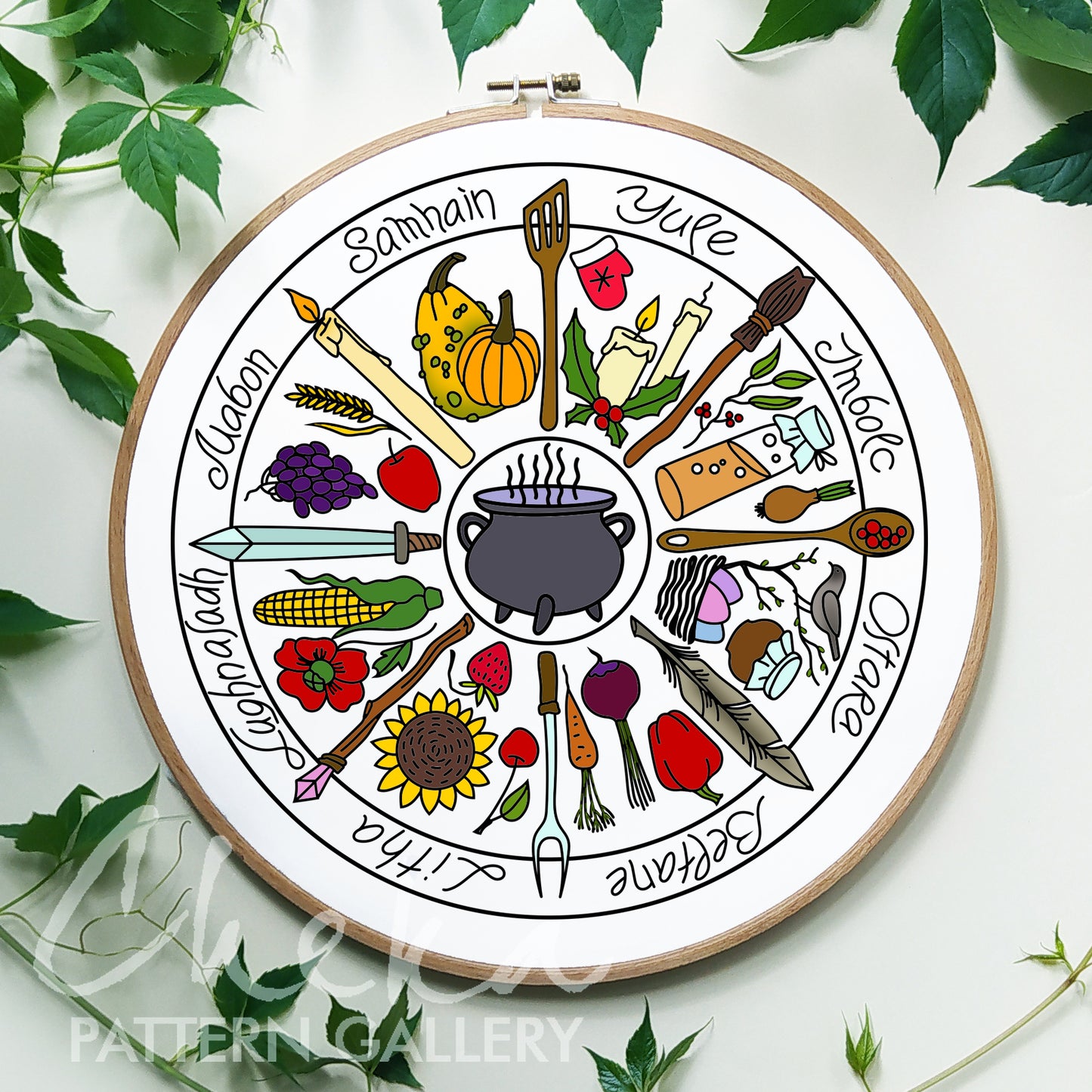 Calendar Embroidery bundle, Phenology Wheel, Set of 4 hand embroidery patterns. PDF Embroidery calendar. Yule, Mabon, Samhain, Ostra, Imbolc