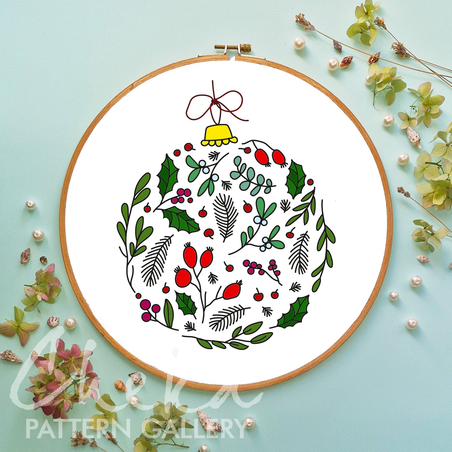 Christmas tree decoration, round festive ball. Christmas hand embroidery pattern, winter embroidery ornament PDF, Christmas home decor