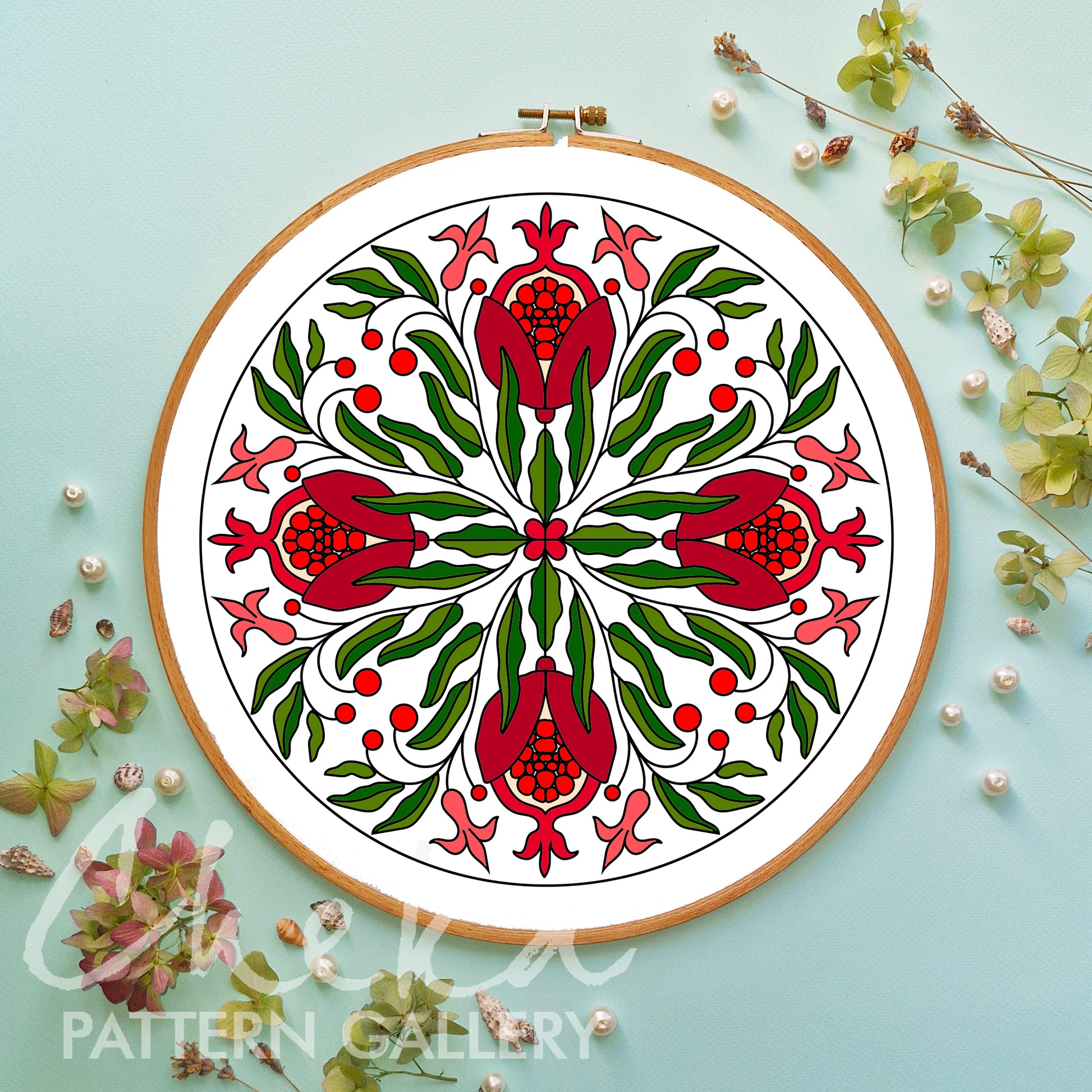 Pomegranate Floral fractal Embroidery pattern, Red Pomegranate embroidery pattern, Pomegranate embroidery design, Hand Embroidery, Hoop art