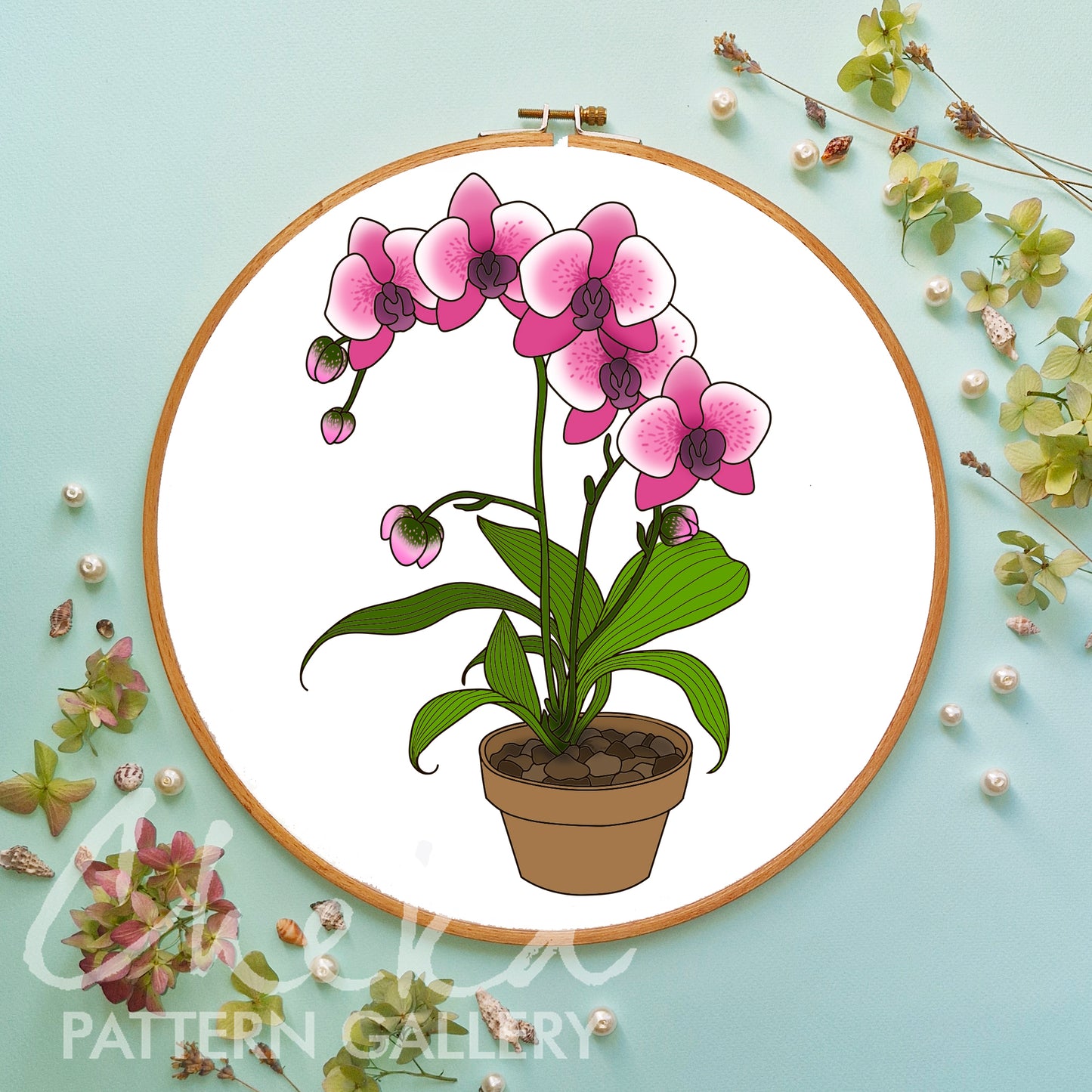 Orchid pattern for hand embroidery, branch of big pink Orchid, beautiful flower embroidery pattern, Orchid lover gift, Modern hoop art PDF